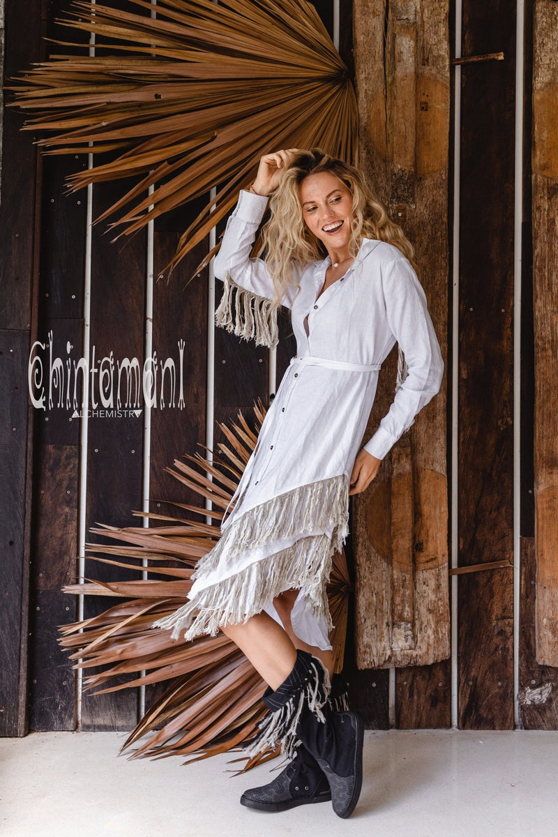 Linen Fringe Boho Shirt Dress for Women / White - ChintamaniAlchemi