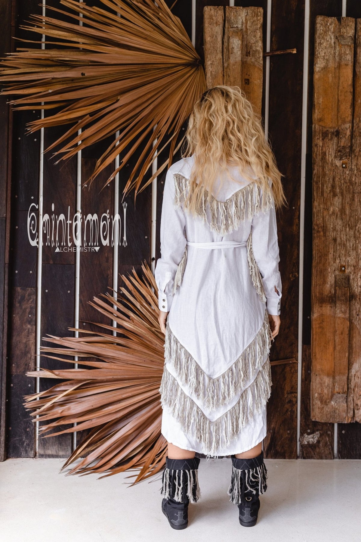 Linen Fringe Boho Shirt Dress for Women / White - ChintamaniAlchemi