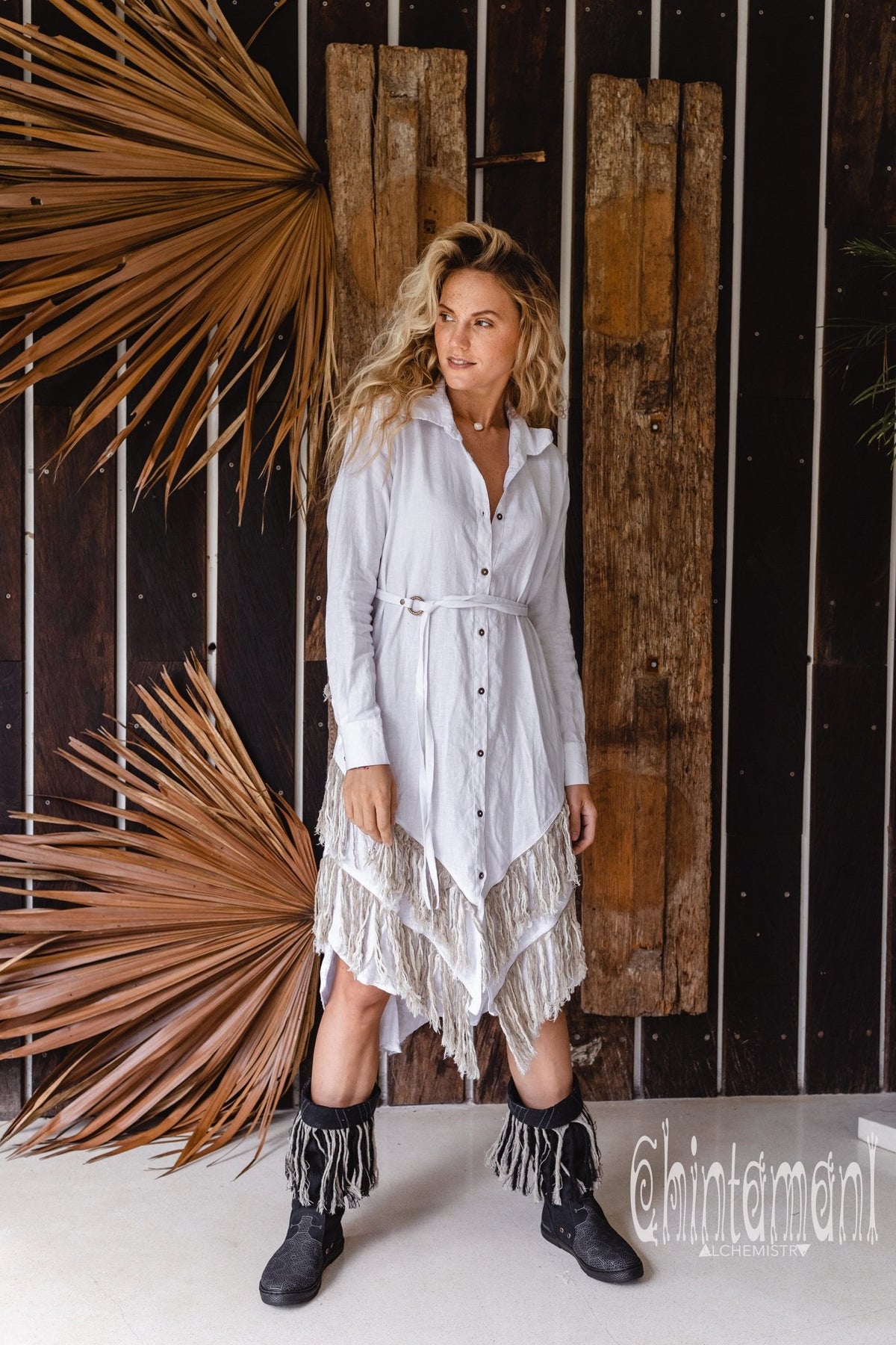 Linen Fringe Boho Shirt Dress for Women / White - ChintamaniAlchemi