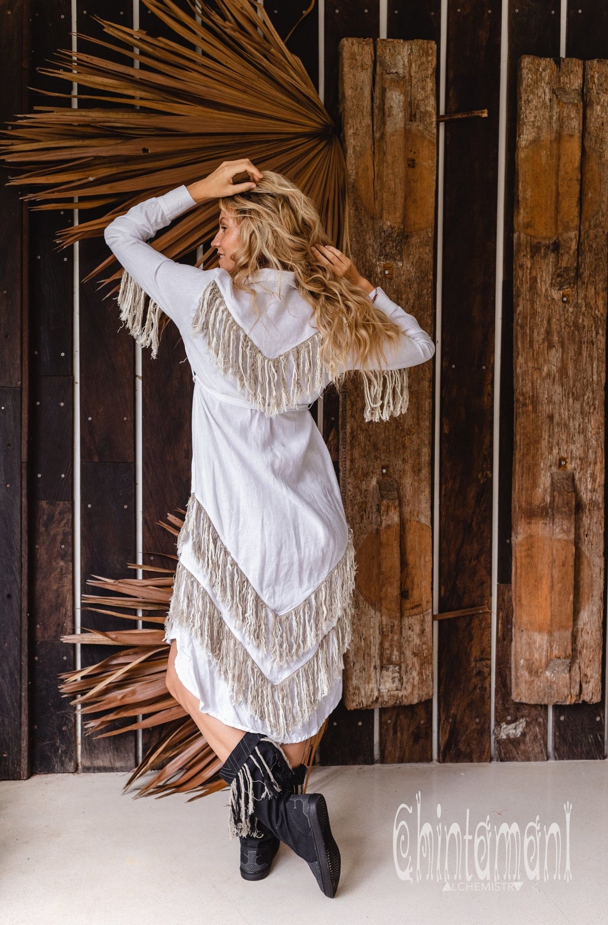 Linen Fringe Boho Shirt Dress for Women / White - ChintamaniAlchemi