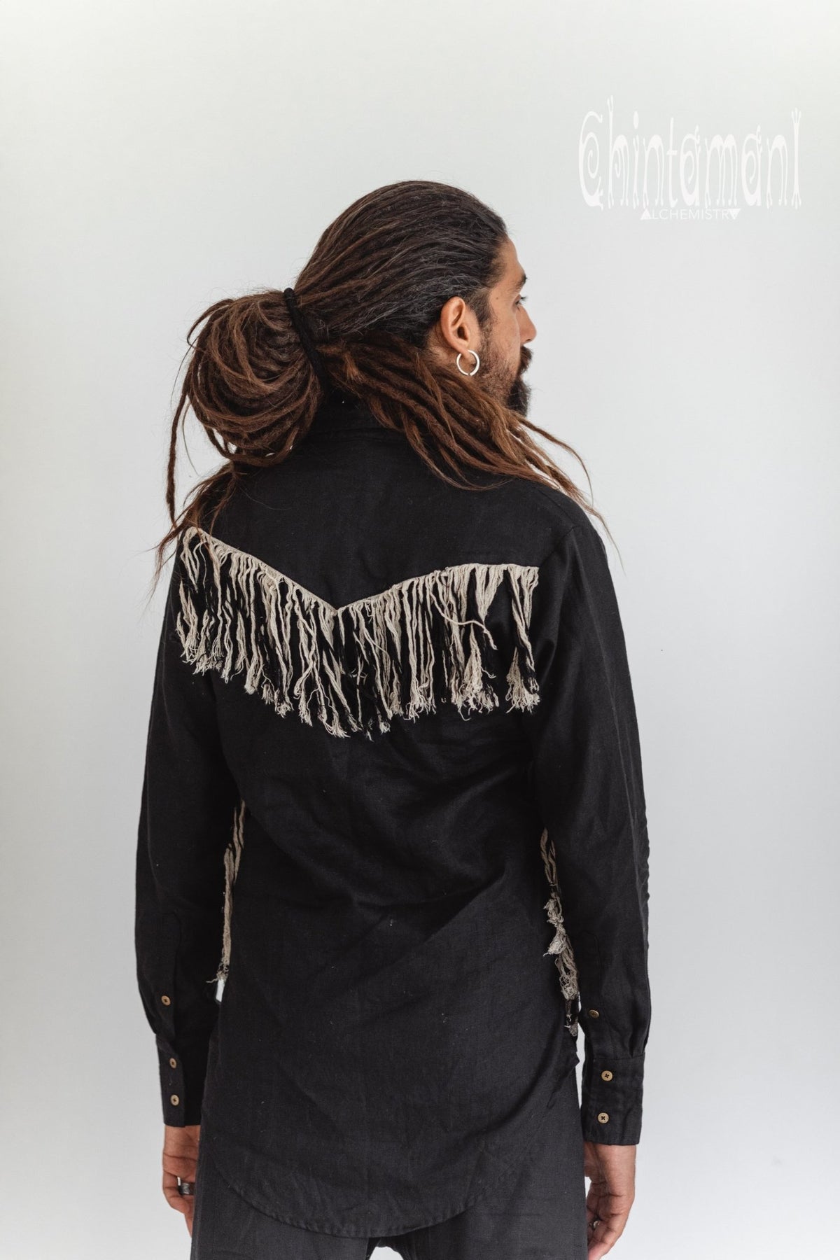 Linen Fringe Boho Shirt for Men / Alma Libra / Black - ChintamaniAlchemi