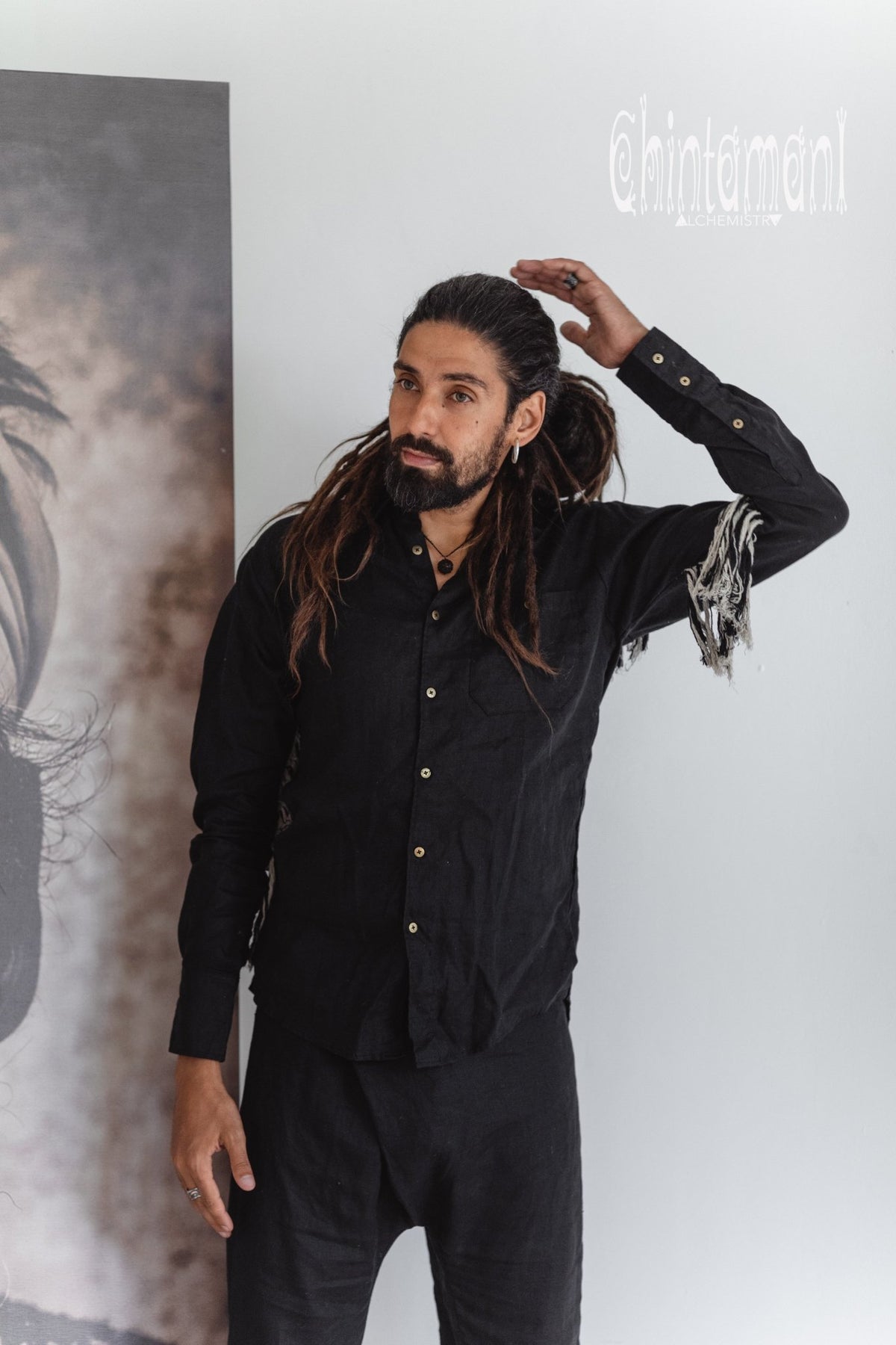 Linen Fringe Boho Shirt for Men / Alma Libra / Black - ChintamaniAlchemi