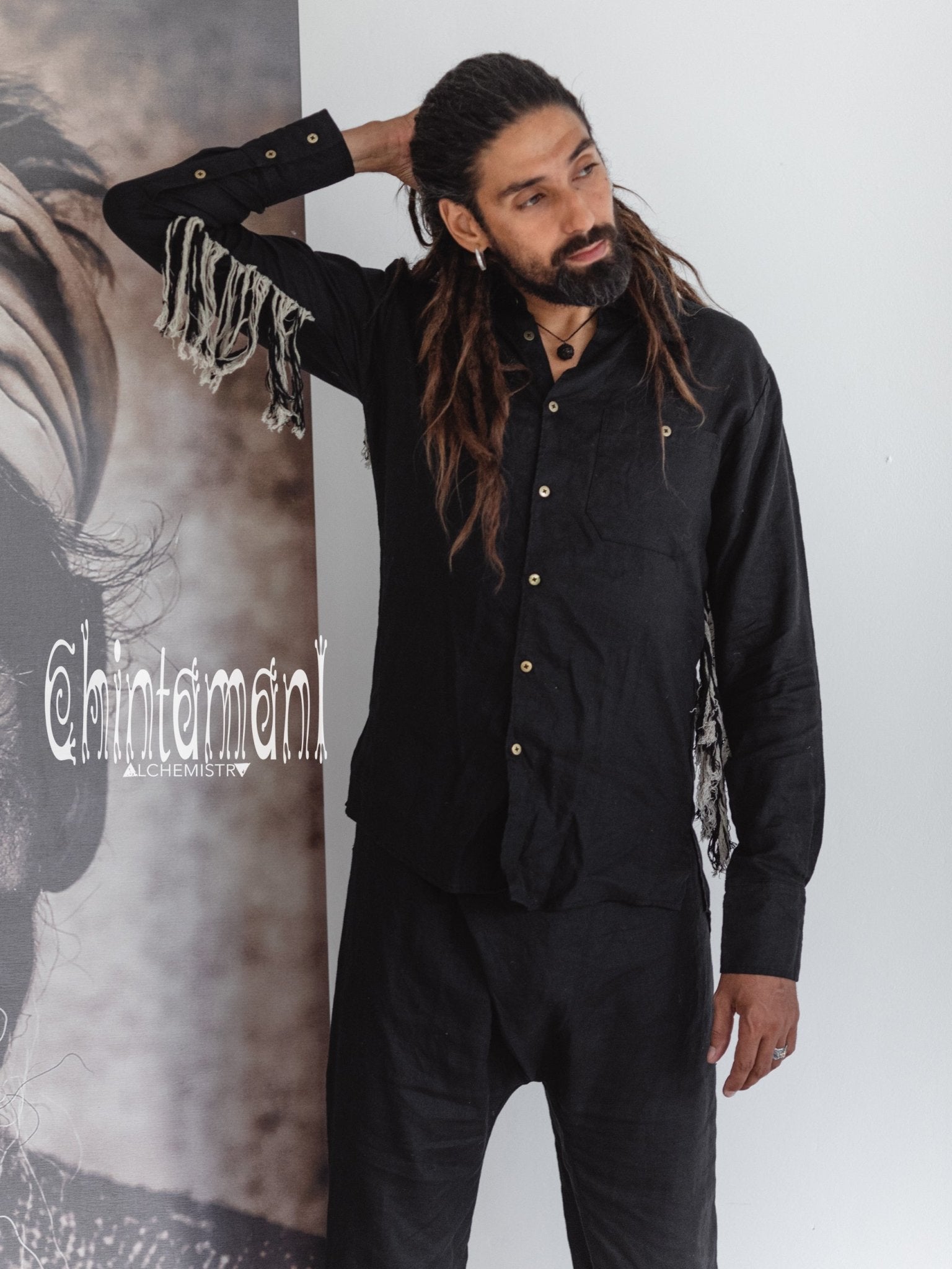 Linen Fringe Boho Shirt for Men / Alma Libra / Black - ChintamaniAlchemi