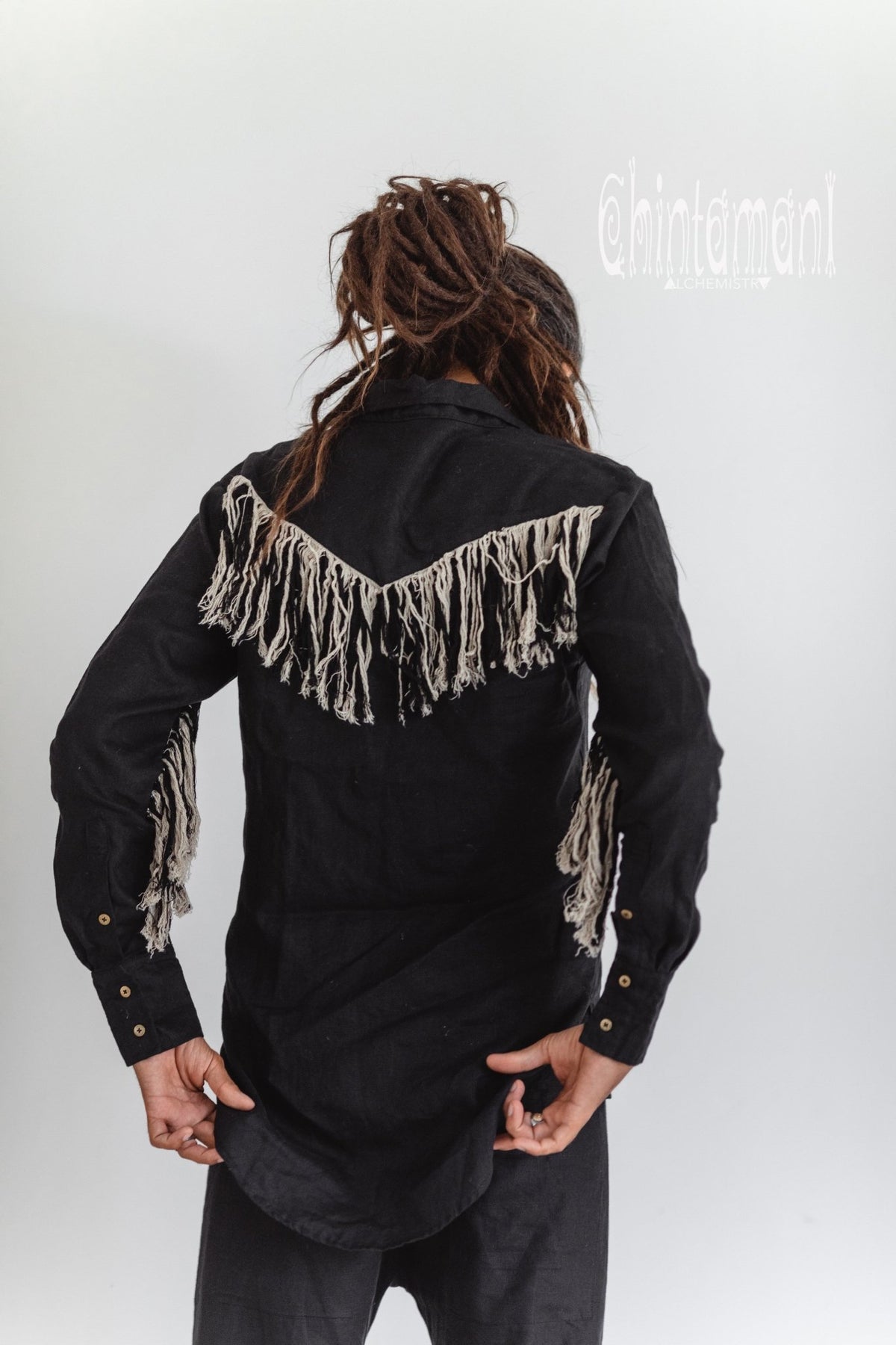 Linen Fringe Boho Shirt for Men / Alma Libra / Black - ChintamaniAlchemi