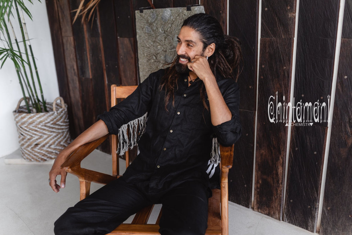 Linen Fringe Boho Shirt for Men / Alma Libra / Black - ChintamaniAlchemi