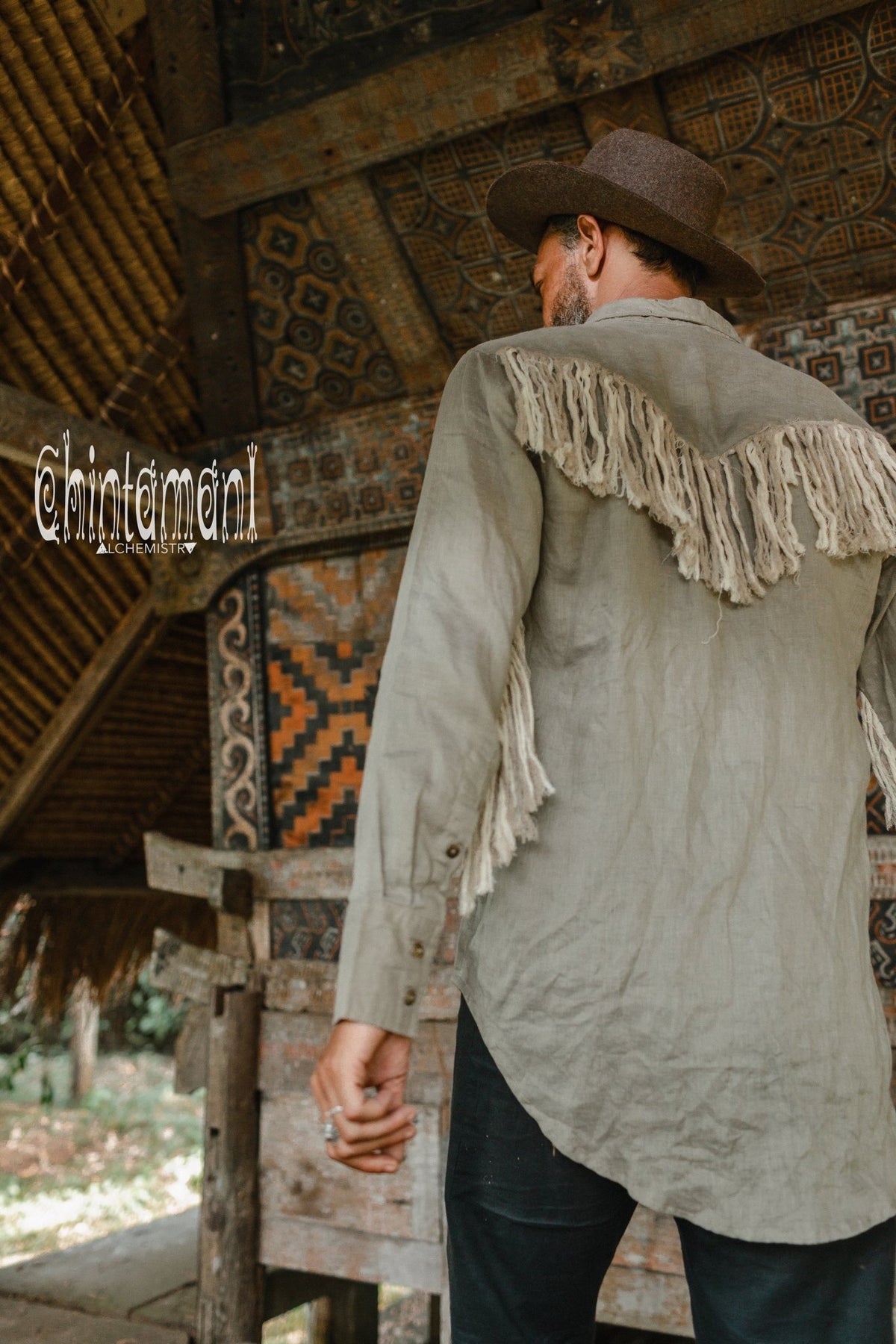 Linen Fringe Boho Shirt for Men / Alma Libra / Khaki - ChintamaniAlchemi