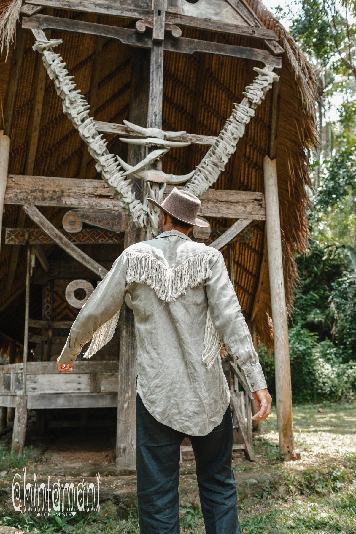 Linen Fringe Boho Shirt for Men / Alma Libra / Khaki - ChintamaniAlchemi