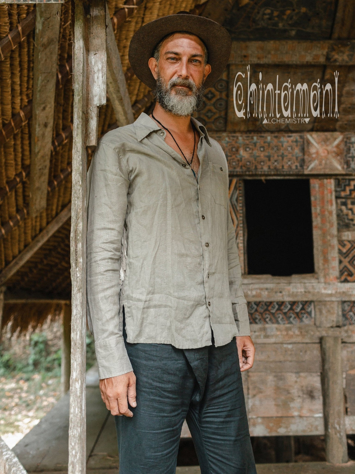 Linen Fringe Boho Shirt for Men / Alma Libra / Khaki - ChintamaniAlchemi