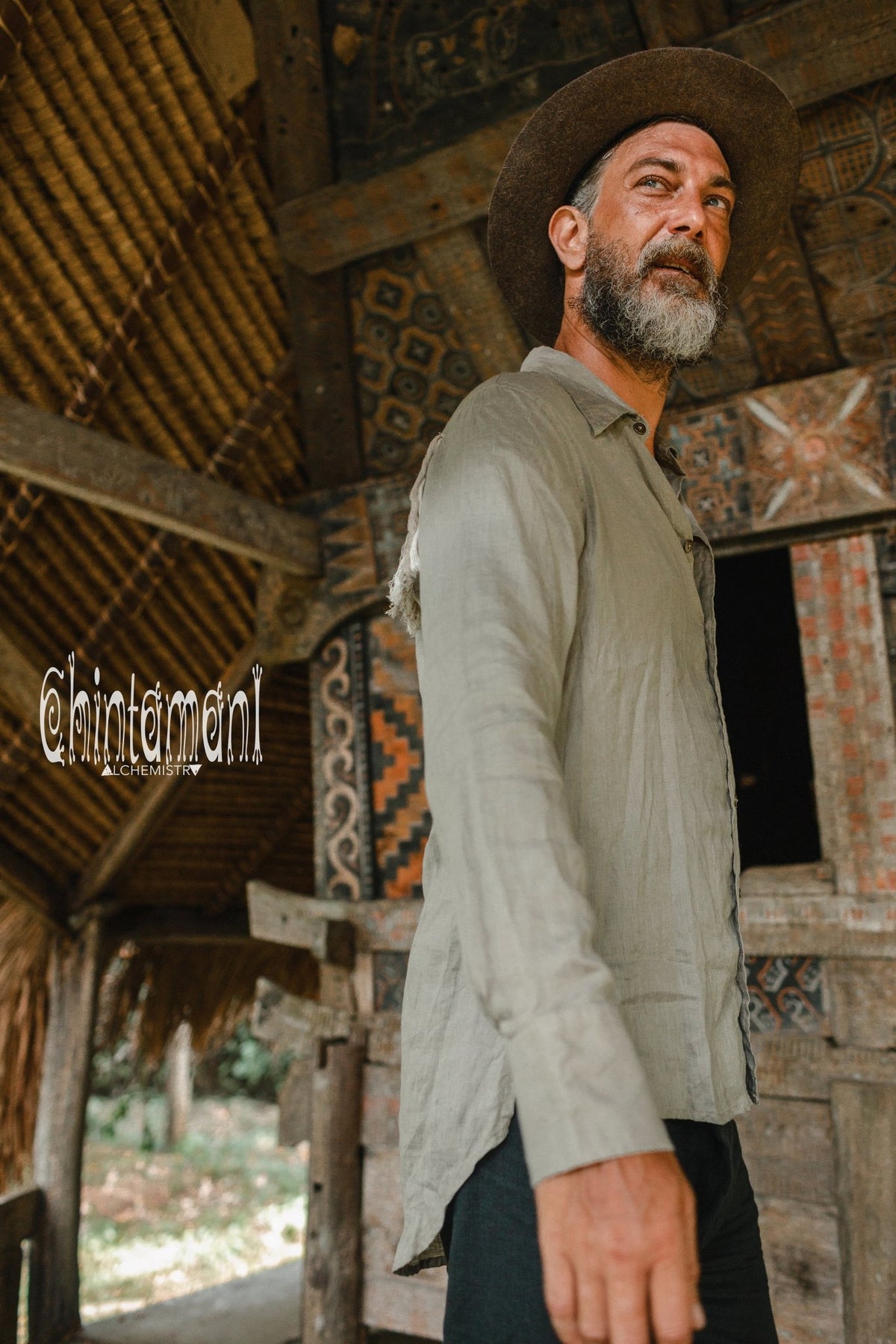 Linen Fringe Boho Shirt for Men / Alma Libra / Khaki - ChintamaniAlchemi