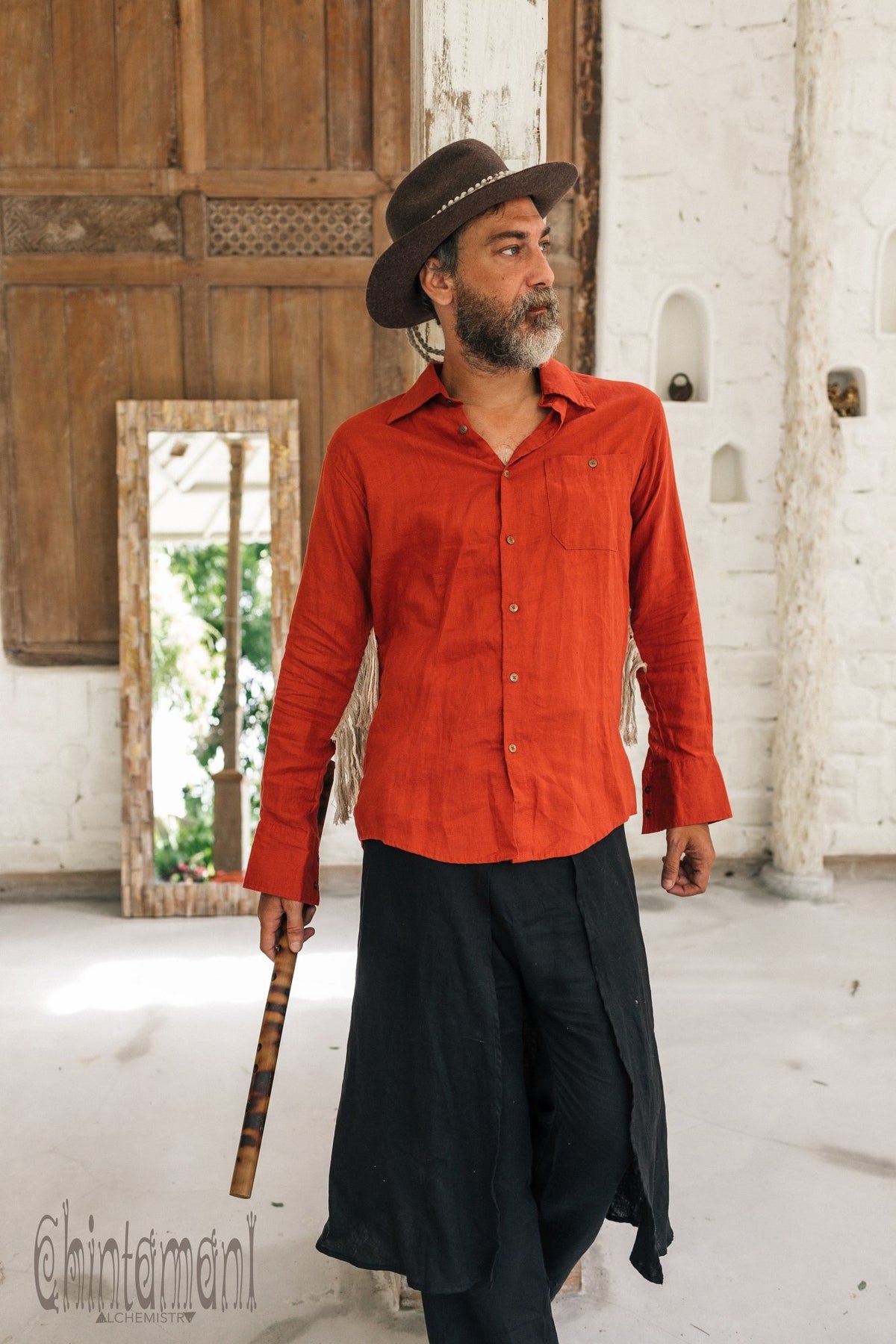 Linen Fringe Boho Shirt for Men / Alma Libra / Red Ochre - ChintamaniAlchemi