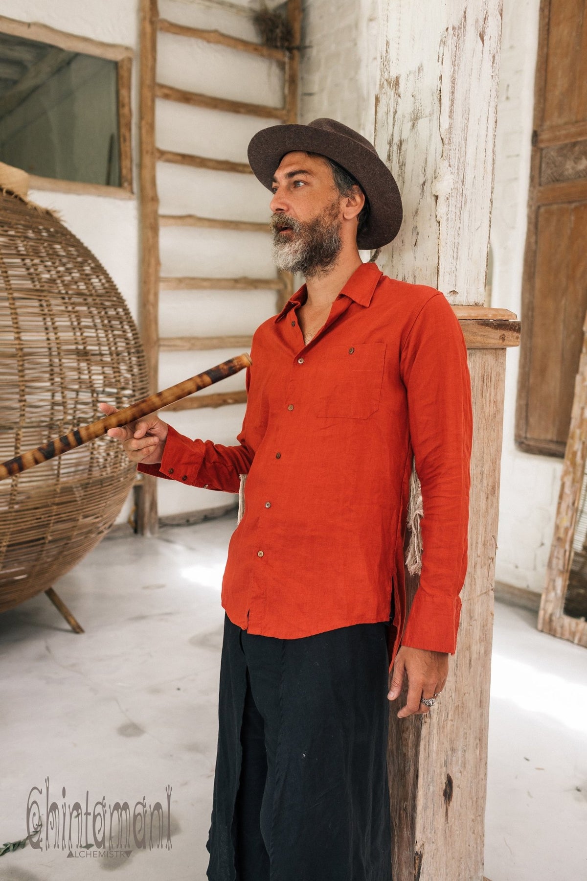 Linen Fringe Boho Shirt for Men / Alma Libra / Red Ochre - ChintamaniAlchemi