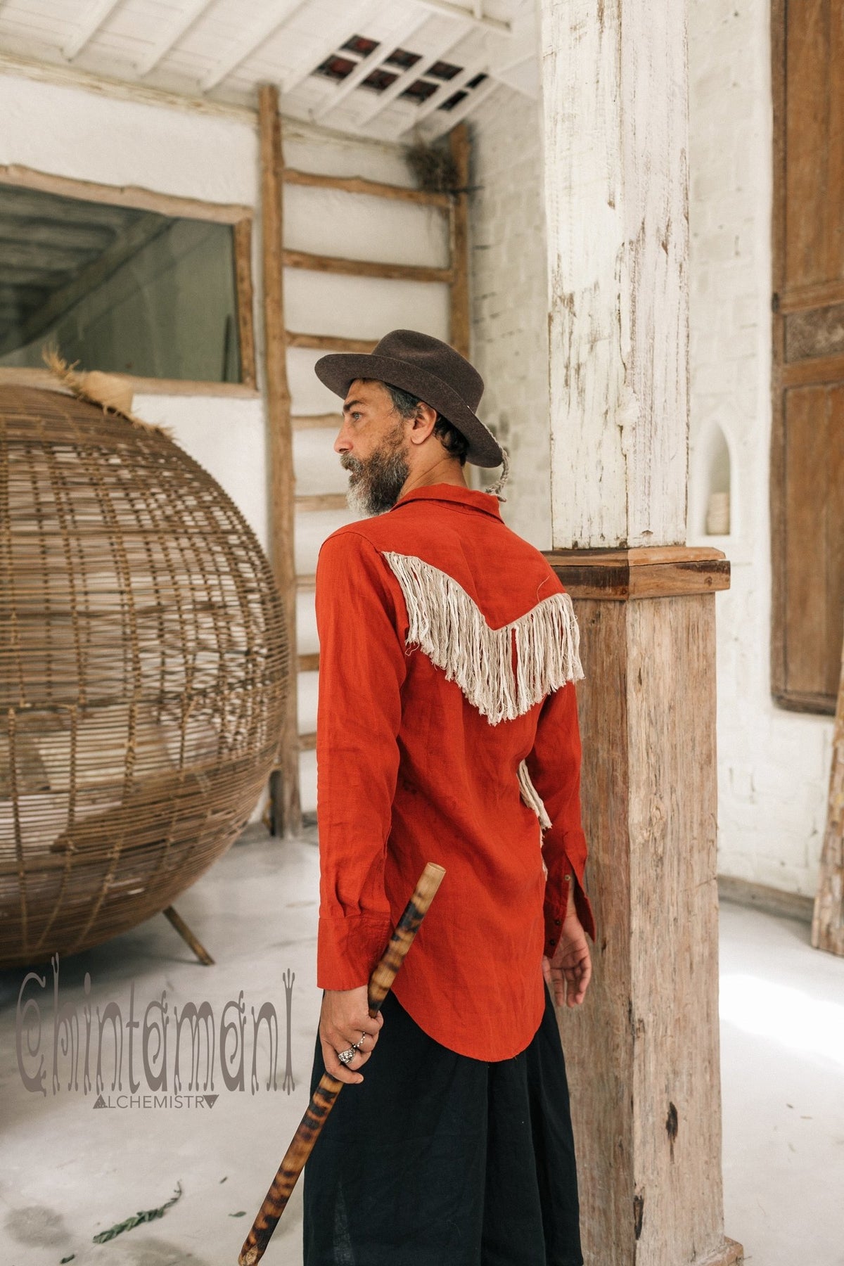 Linen Fringe Boho Shirt for Men / Alma Libra / Red Ochre - ChintamaniAlchemi