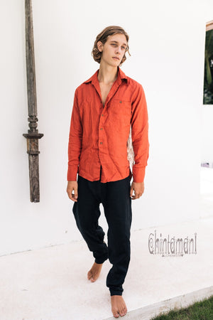 Linen Fringe Boho Shirt for Men / Alma Libra / Red Ochre - ChintamaniAlchemi