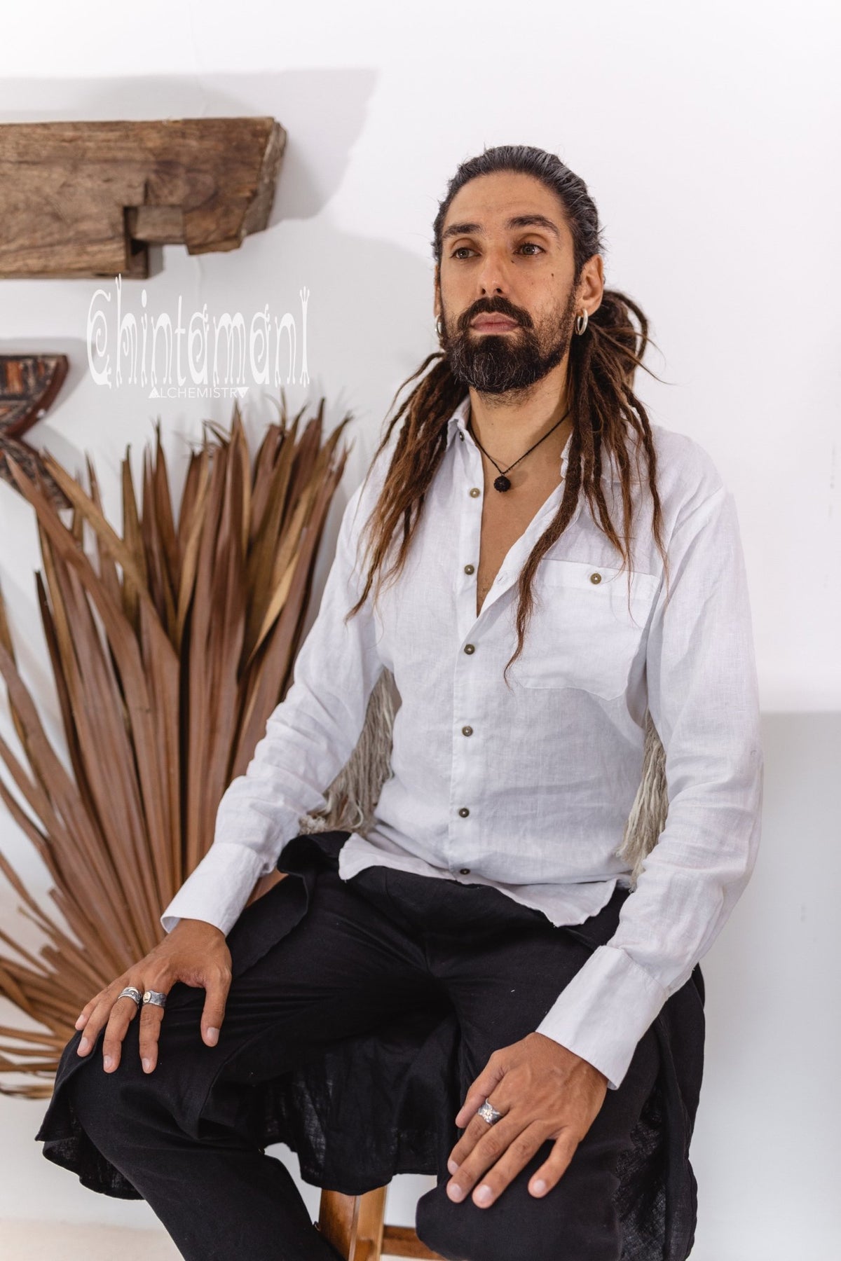 Linen Fringe Boho Shirt for Men / Alma Libra / White - ChintamaniAlchemi