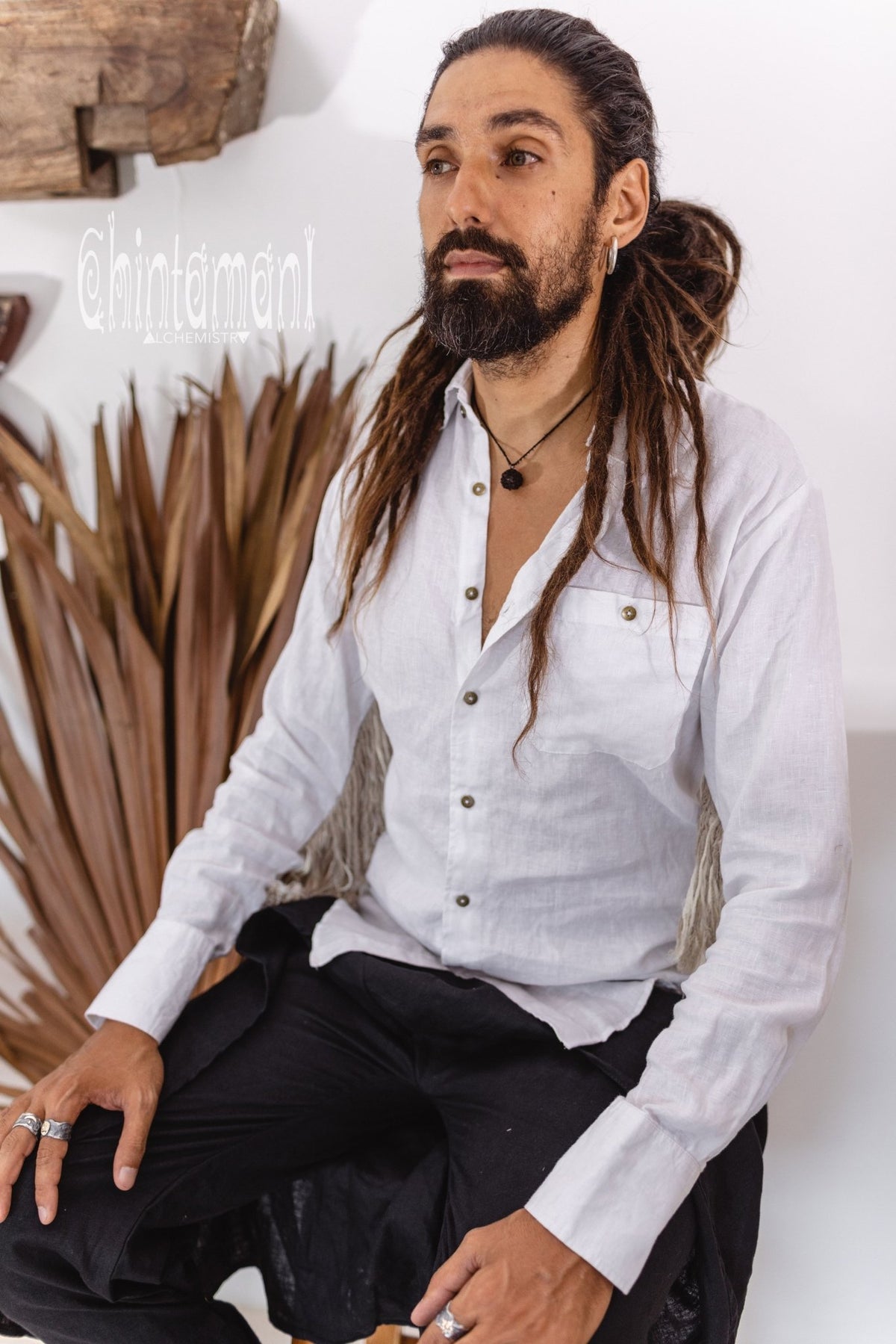 Linen Fringe Boho Shirt for Men / Alma Libra / White - ChintamaniAlchemi