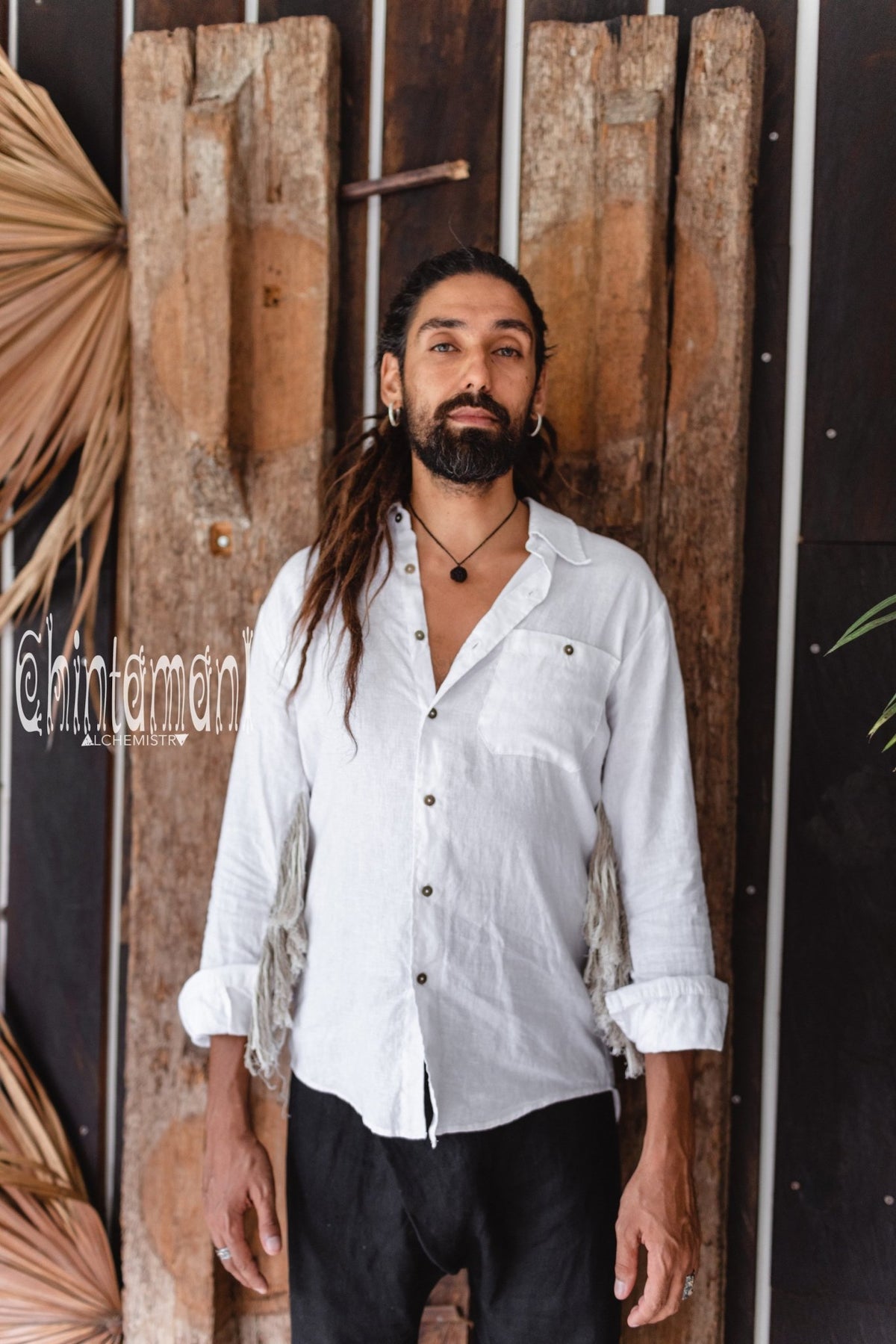 Linen Fringe Boho Shirt for Men / Alma Libra / White - ChintamaniAlchemi