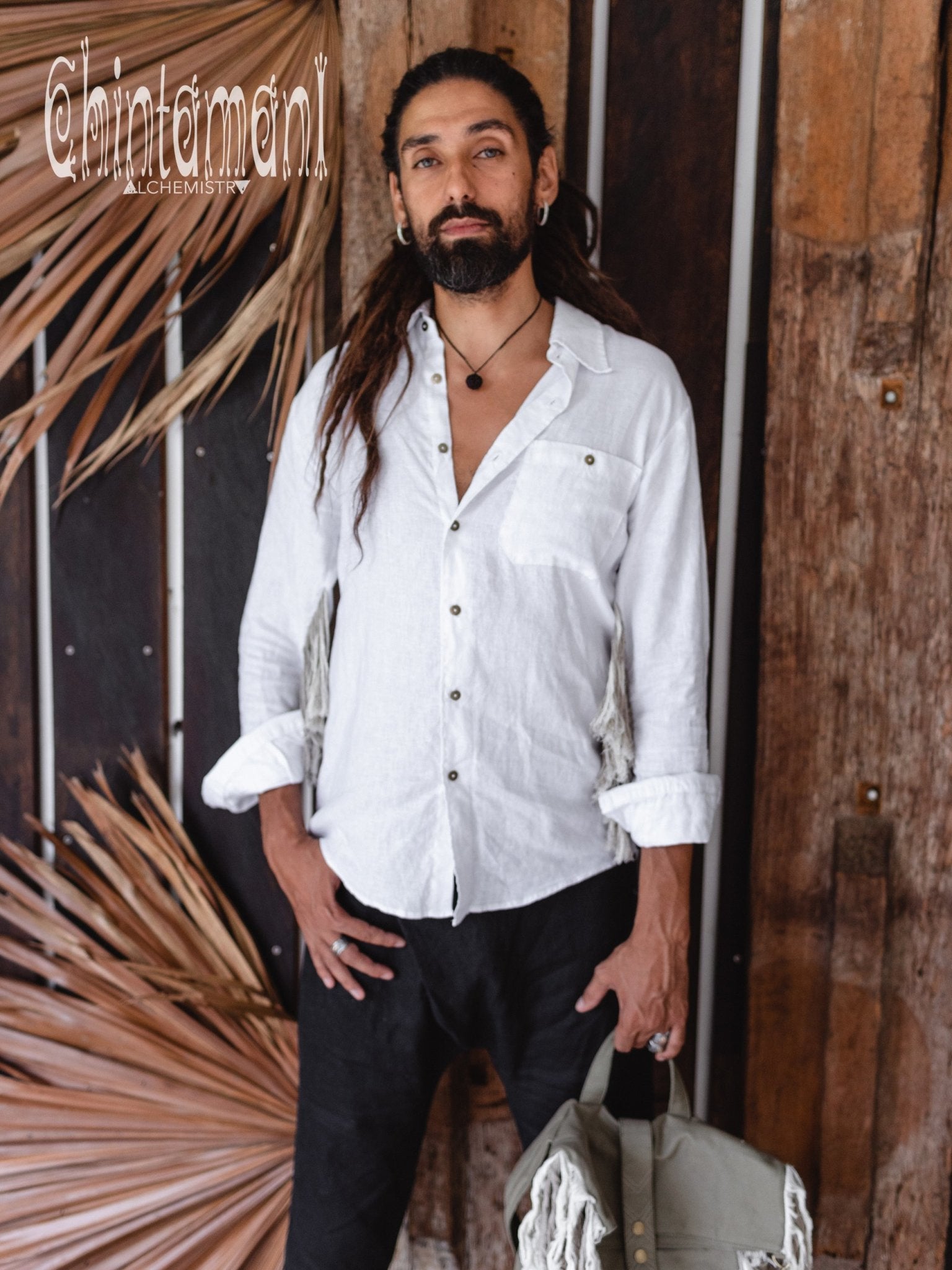 Linen Fringe Boho Shirt for Men / Alma Libra / White - ChintamaniAlchemi