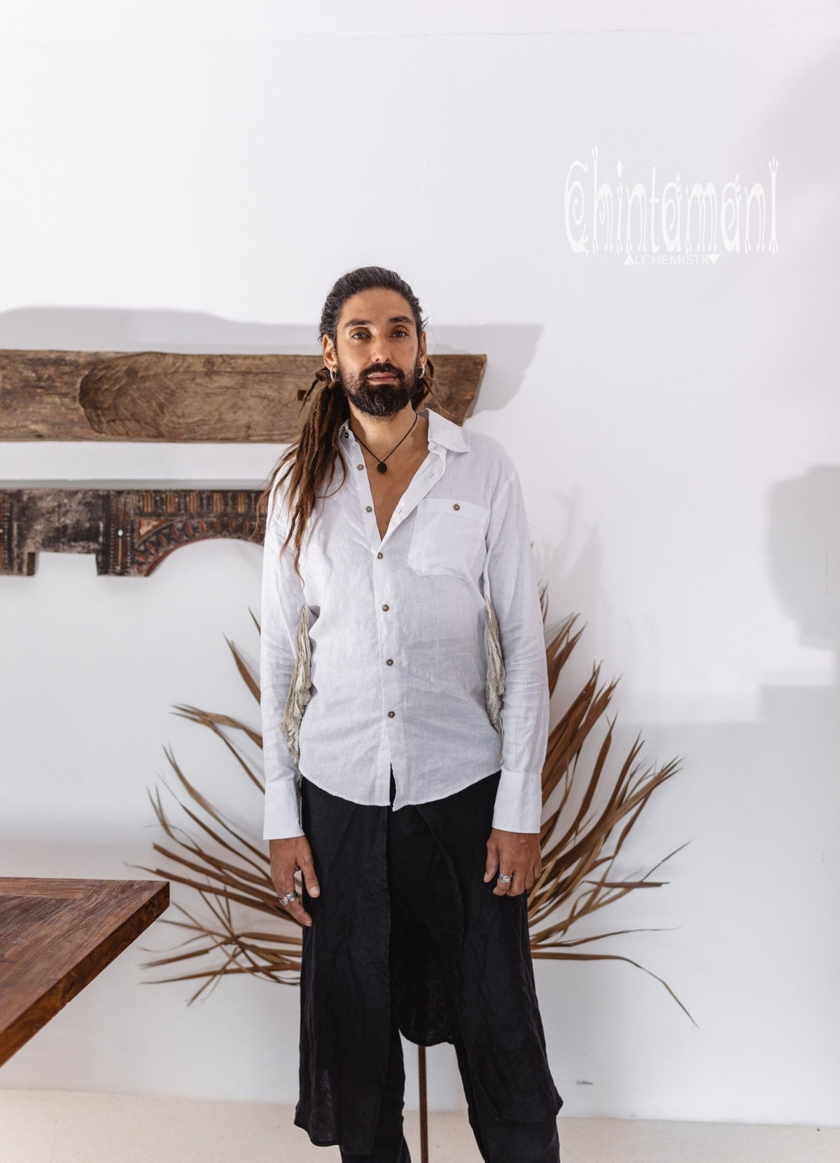 Linen Fringe Boho Shirt for Men / Alma Libra / White - ChintamaniAlchemi