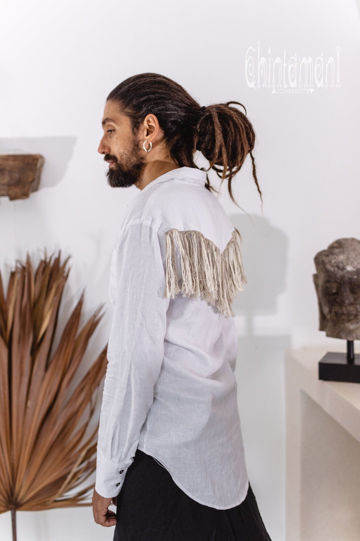 Linen Fringe Boho Shirt for Men / Alma Libra / White - ChintamaniAlchemi