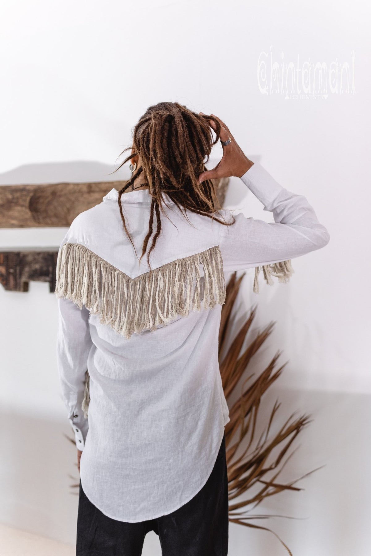 Linen Fringe Boho Shirt for Men / Alma Libra / White - ChintamaniAlchemi