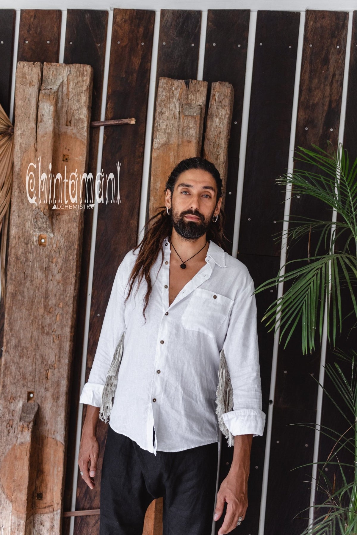 Linen Fringe Boho Shirt for Men / Alma Libra / White - ChintamaniAlchemi