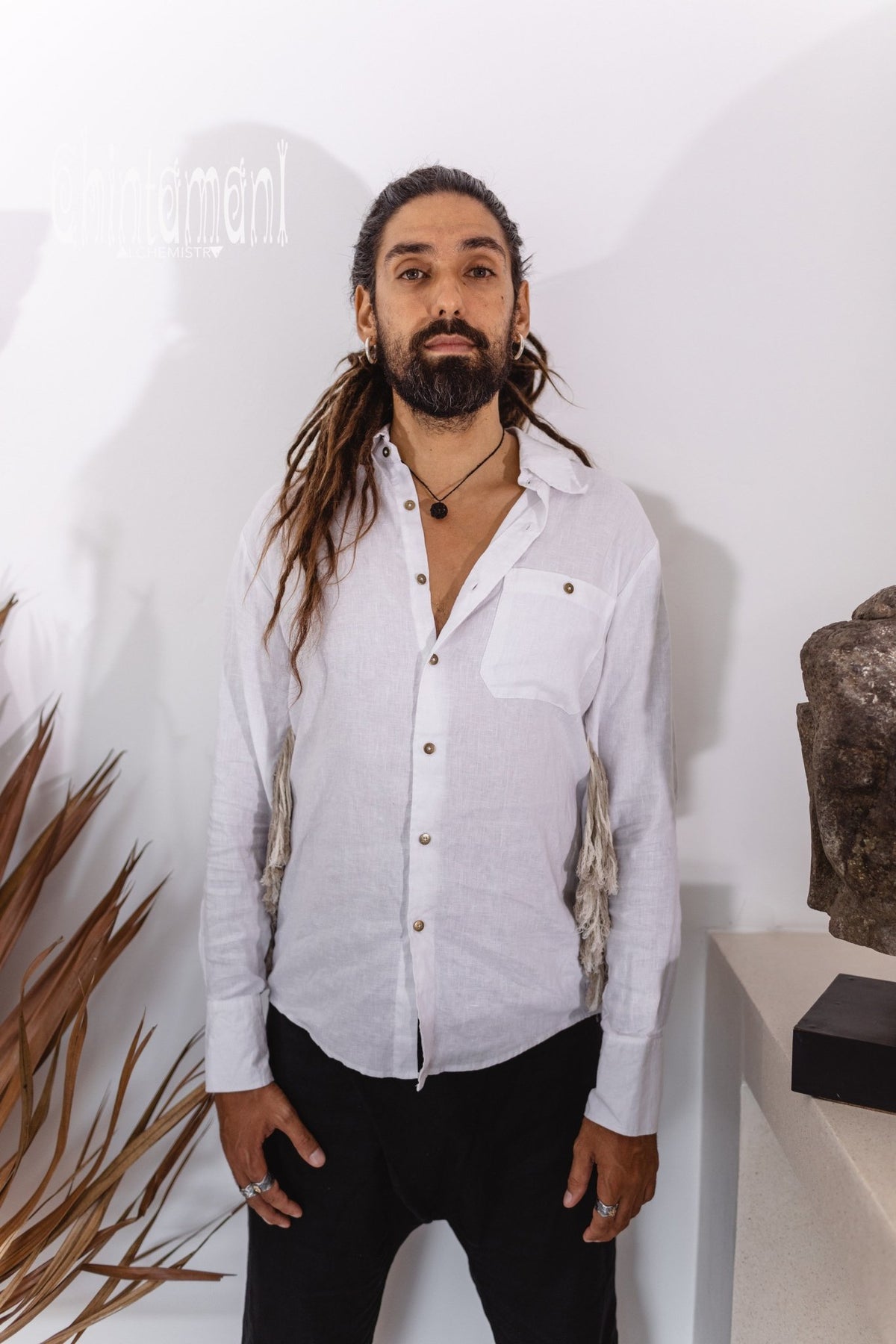 Linen Fringe Boho Shirt for Men / Alma Libra / White - ChintamaniAlchemi