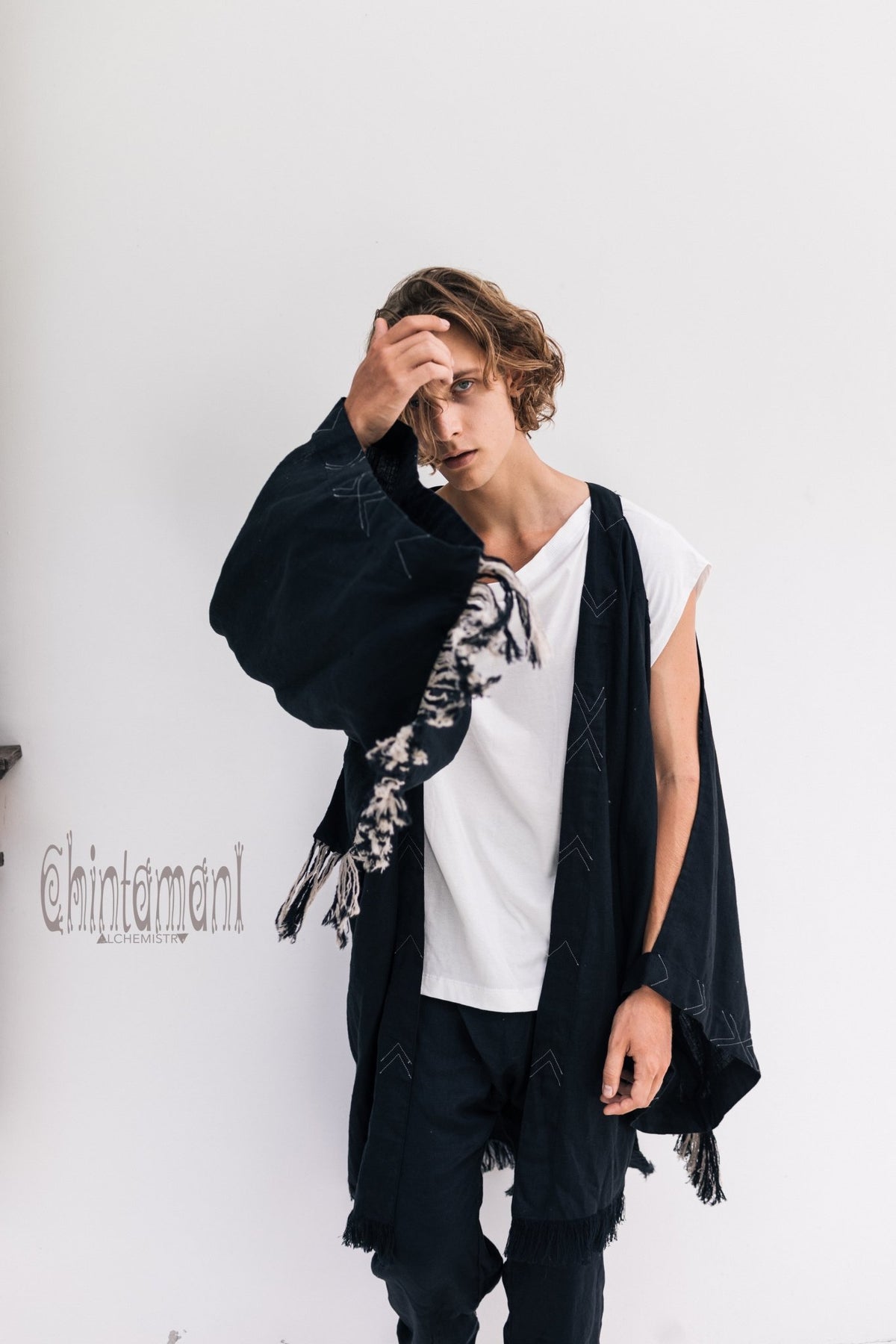 Linen Fringe Kimono Cardigan for Men / Black - ChintamaniAlchemi