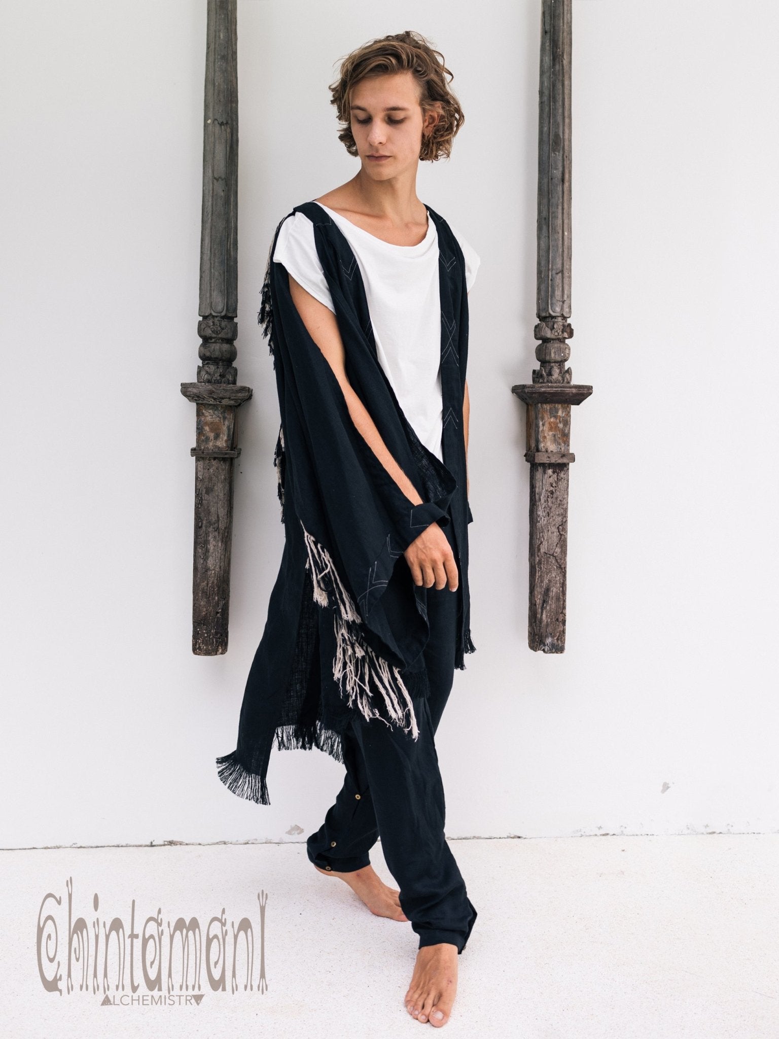 Linen Fringe Kimono Cardigan for Men / Black