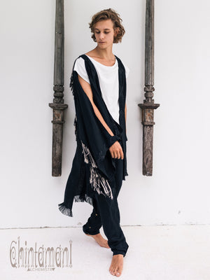Linen Fringe Kimono Cardigan for Men / Black - ChintamaniAlchemi