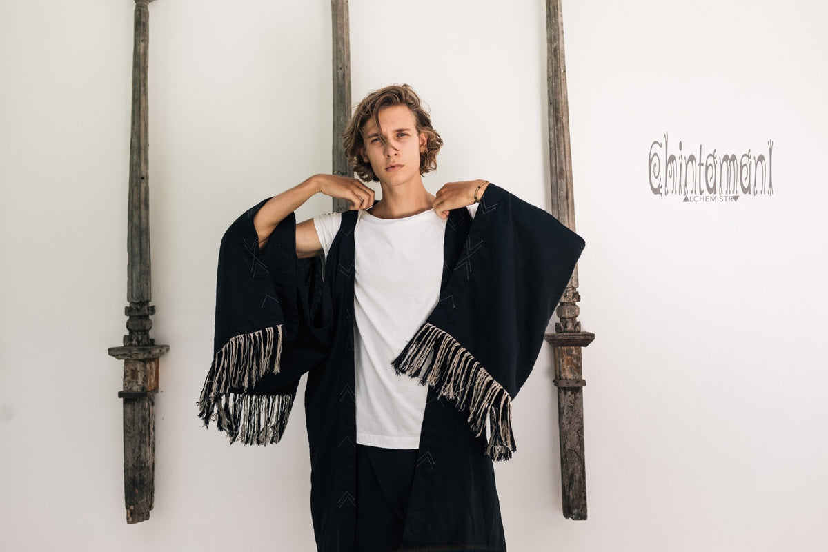 Linen Fringe Kimono Cardigan for Men / Black - ChintamaniAlchemi