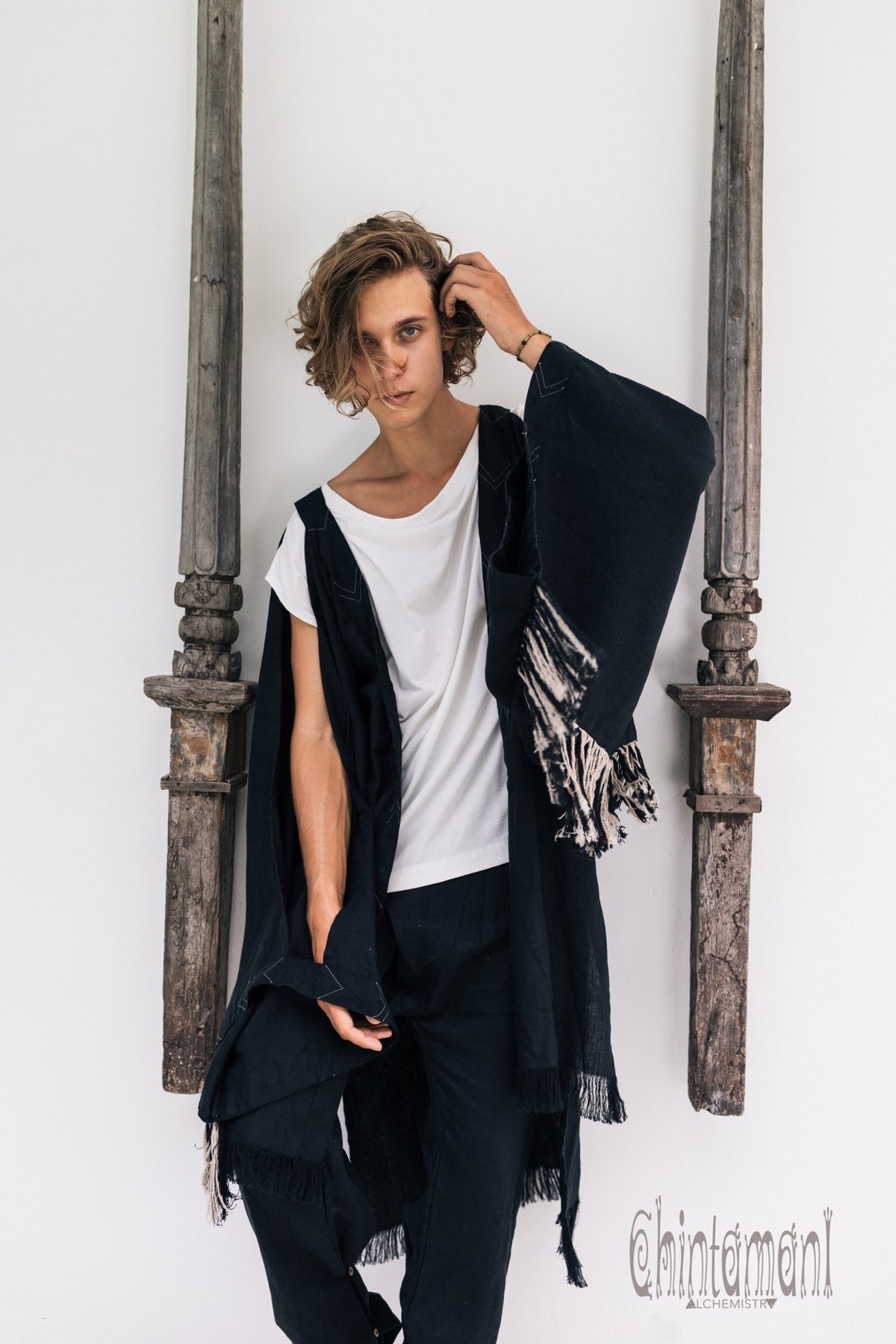 Linen Fringe Kimono Cardigan for Men / Black - ChintamaniAlchemi