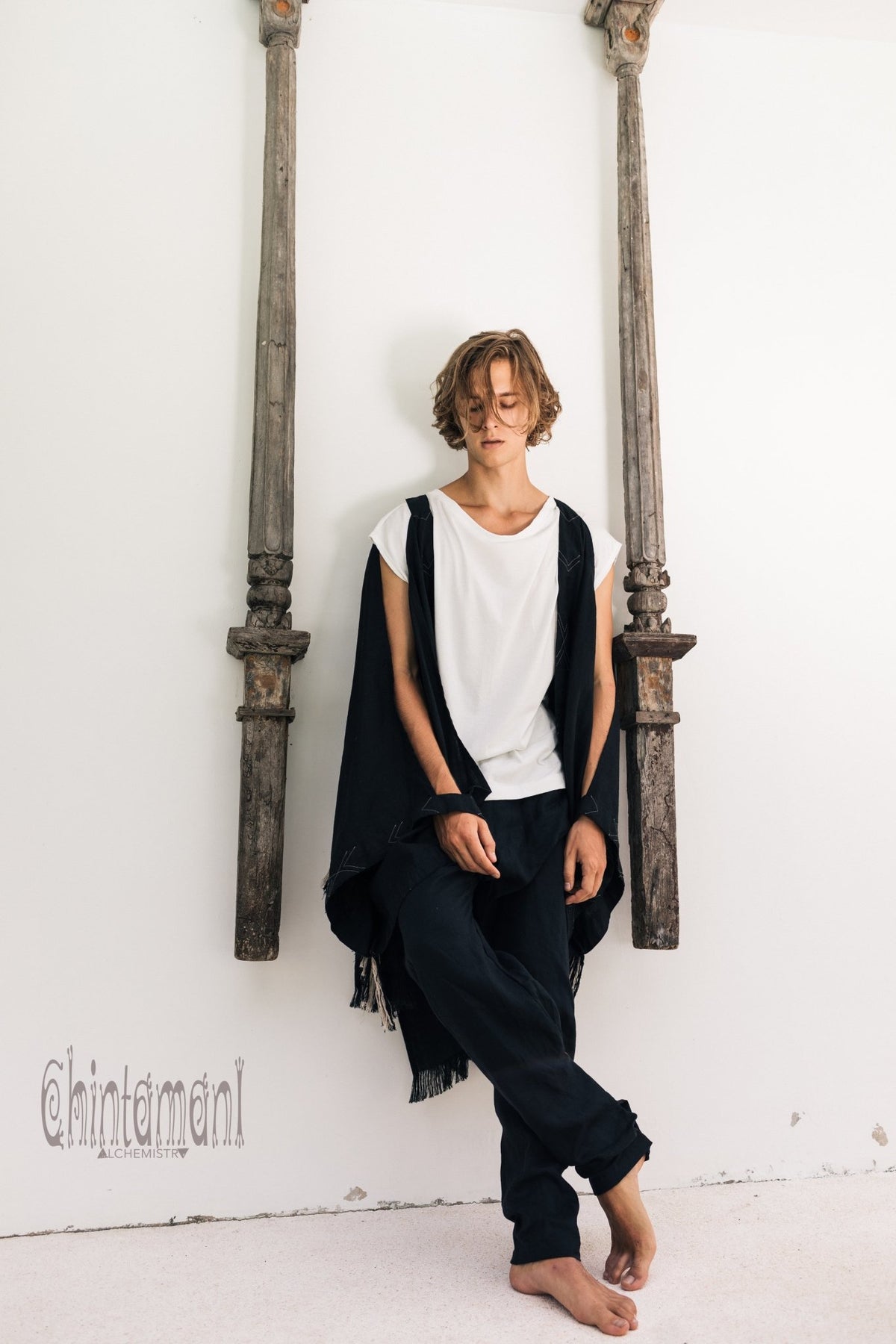 Linen Fringe Kimono Cardigan for Men / Black - ChintamaniAlchemi