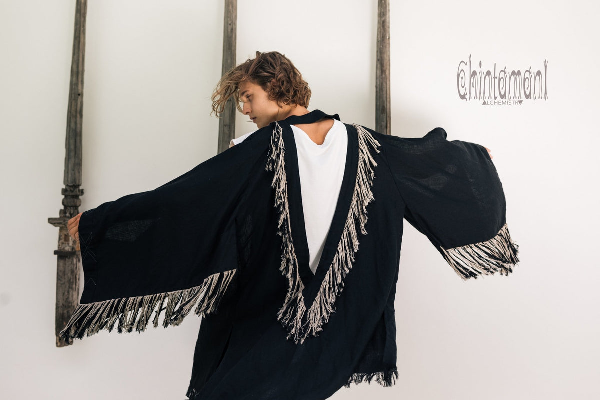 Linen Fringe Kimono Cardigan for Men / Black - ChintamaniAlchemi