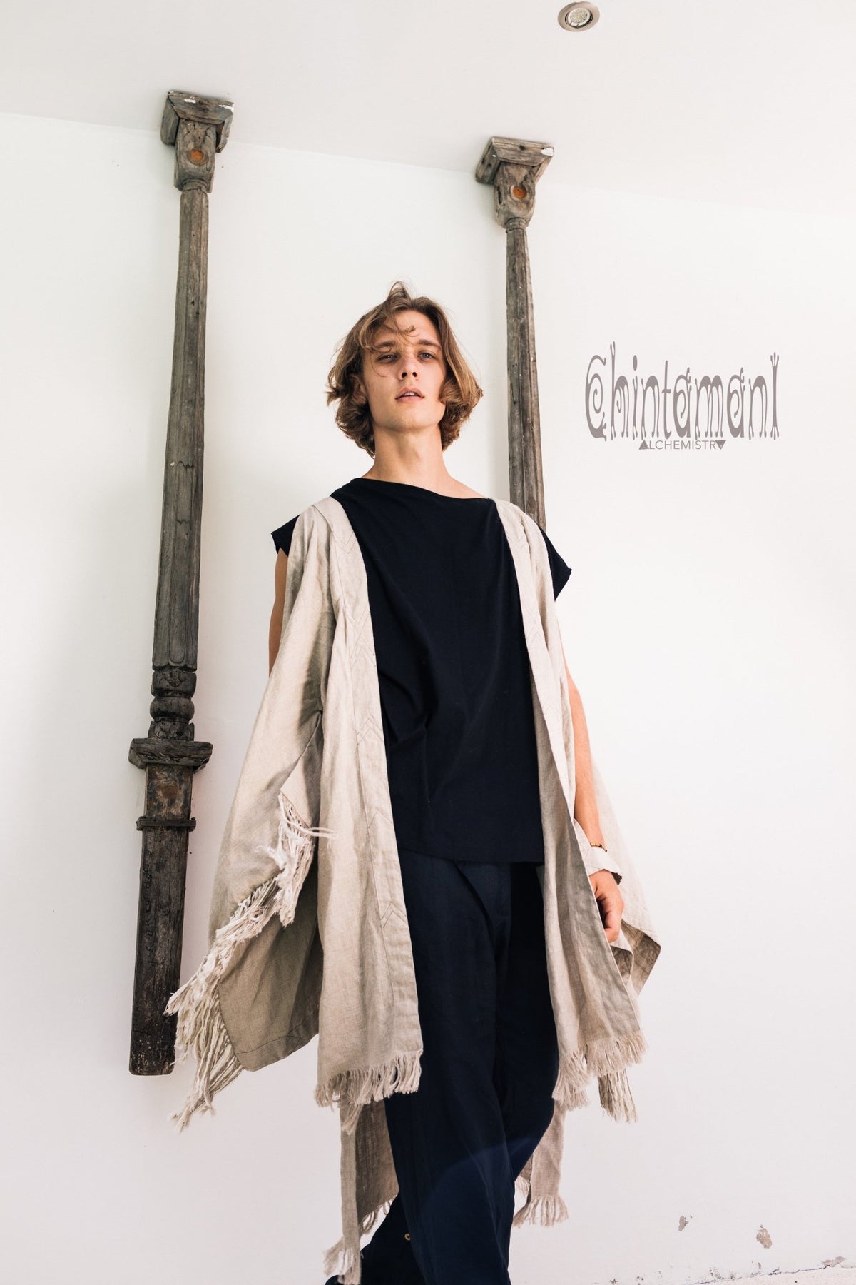 Linen Fringe Kimono Cardigan for Men / Gray - ChintamaniAlchemi