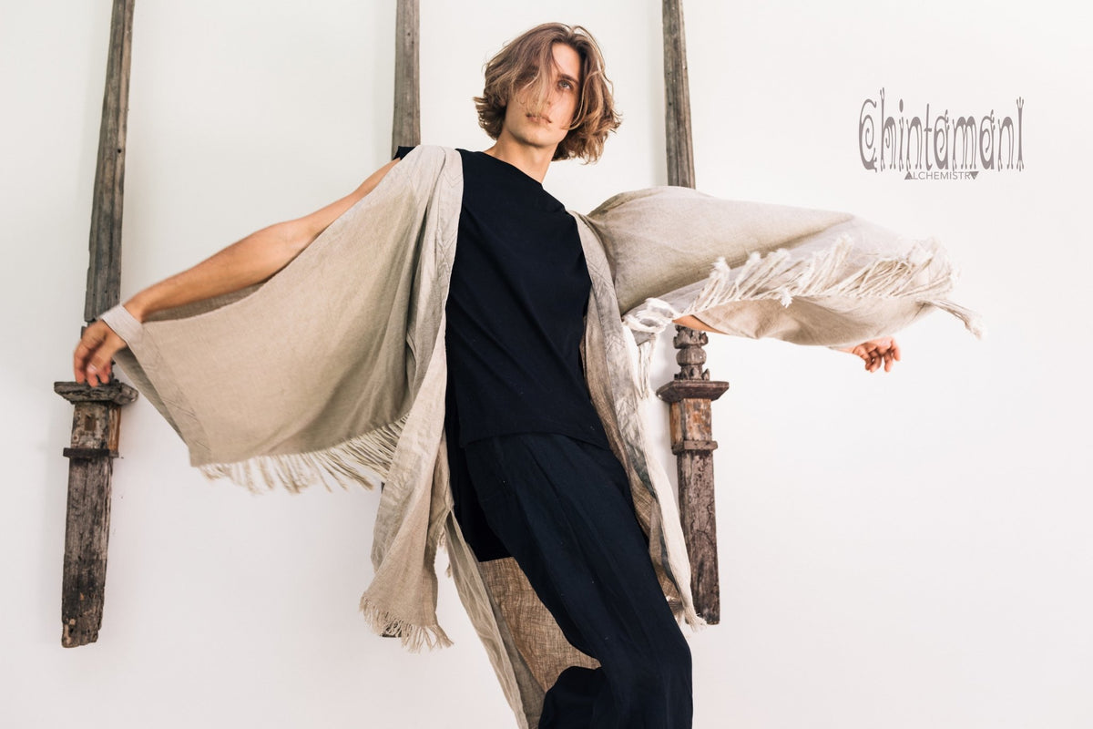 Linen Fringe Kimono Cardigan for Men / Gray - ChintamaniAlchemi