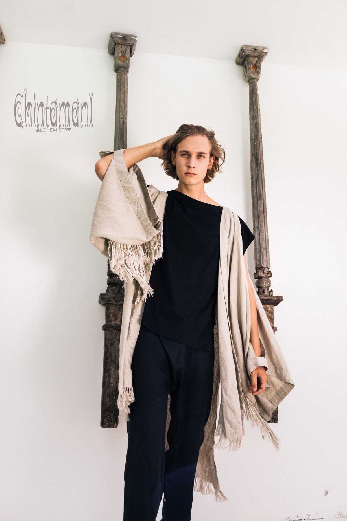 Linen Fringe Kimono Cardigan for Men / Gray - ChintamaniAlchemi