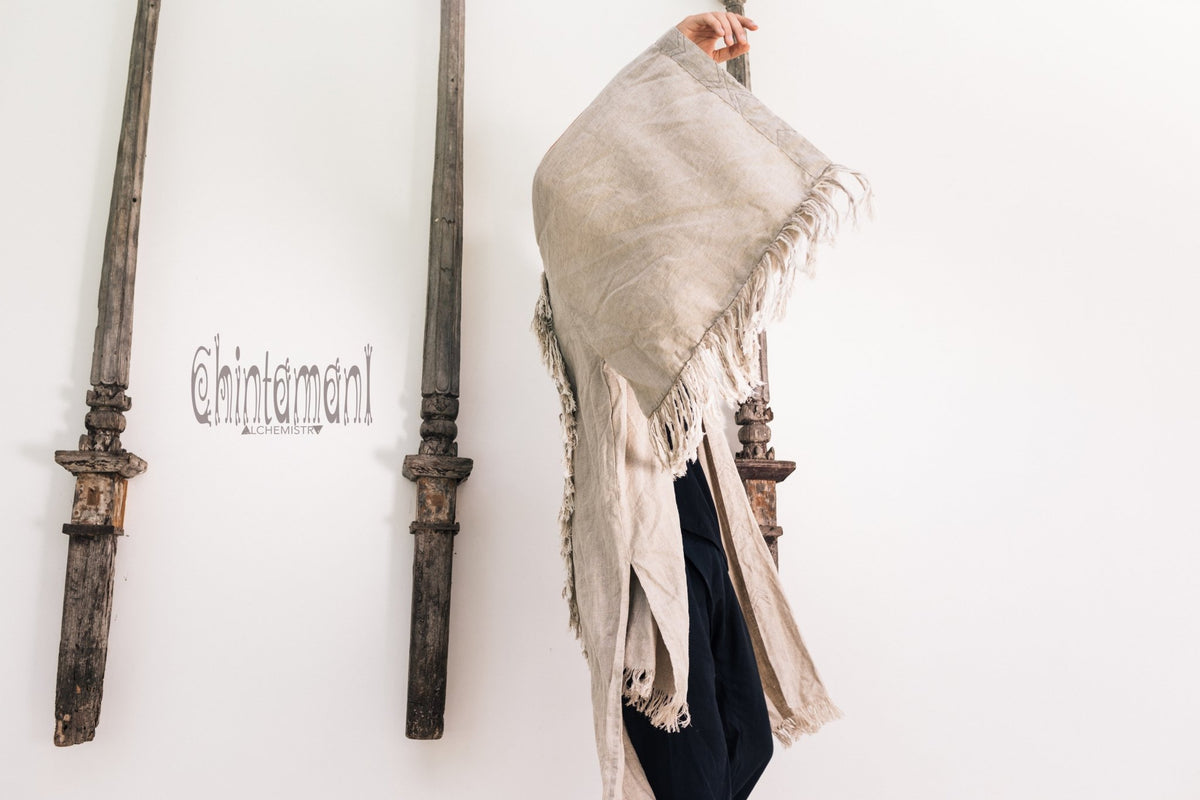 Linen Fringe Kimono Cardigan for Men / Gray - ChintamaniAlchemi