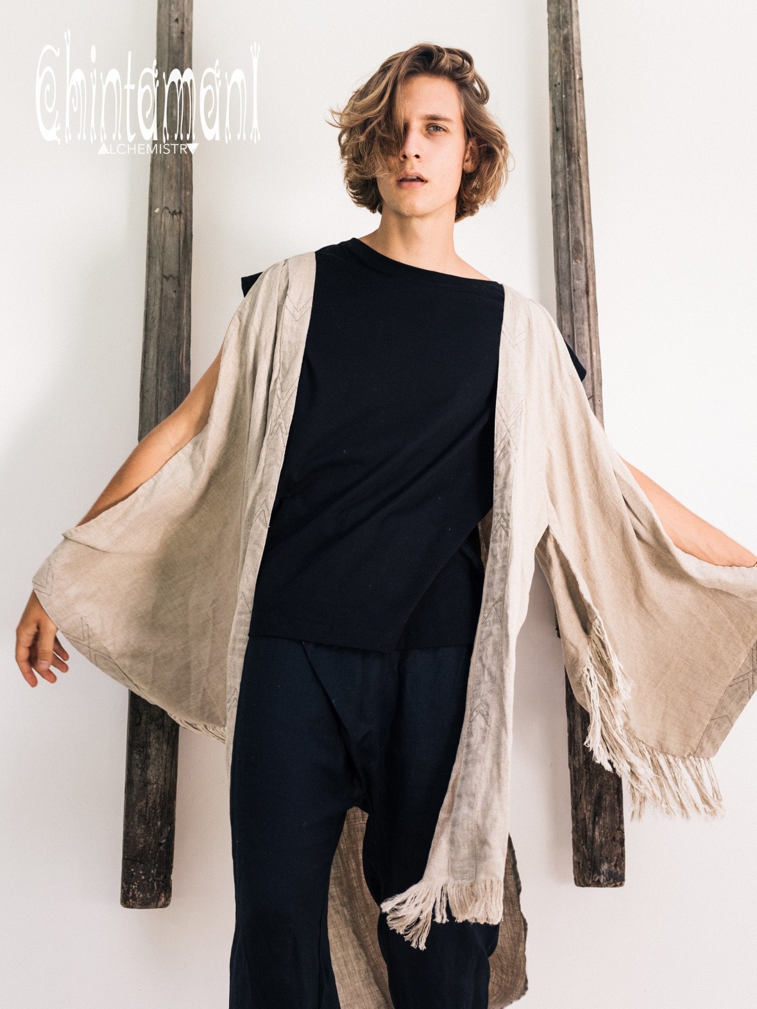 Linen Fringe Kimono Cardigan for Men / Gray - ChintamaniAlchemi