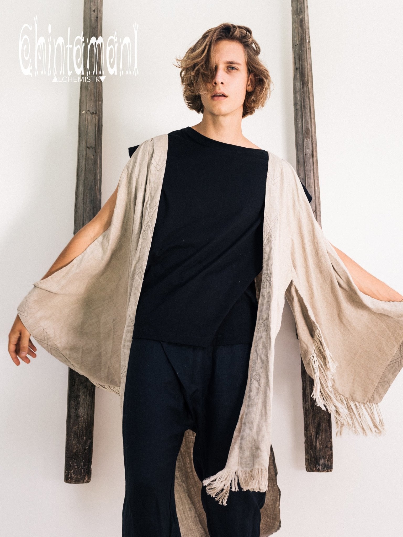 Linen Fringe Kimono Cardigan for Men / Gray - ChintamaniAlchemi