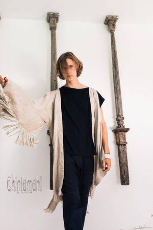 Linen Fringe Kimono Cardigan for Men / Gray - ChintamaniAlchemi