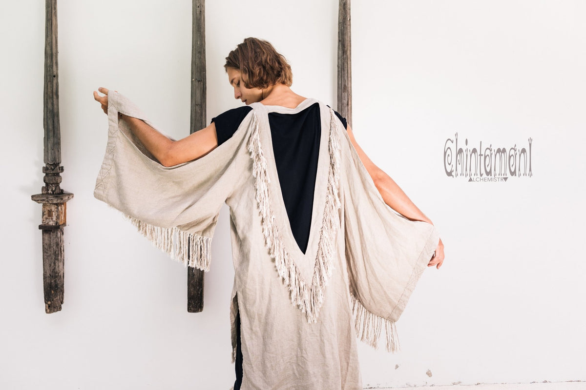 Linen Fringe Kimono Cardigan for Men / Gray - ChintamaniAlchemi