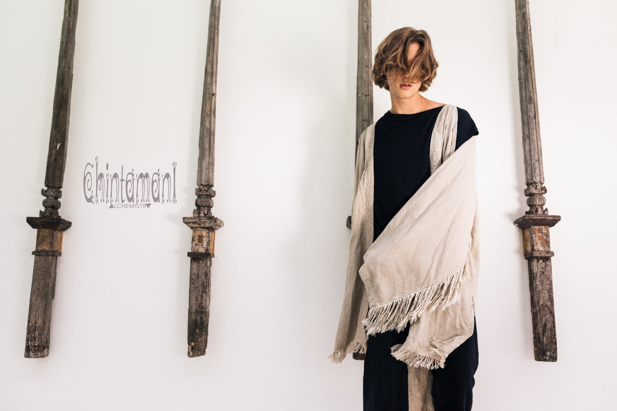 Linen Fringe Kimono Cardigan for Men / Gray - ChintamaniAlchemi