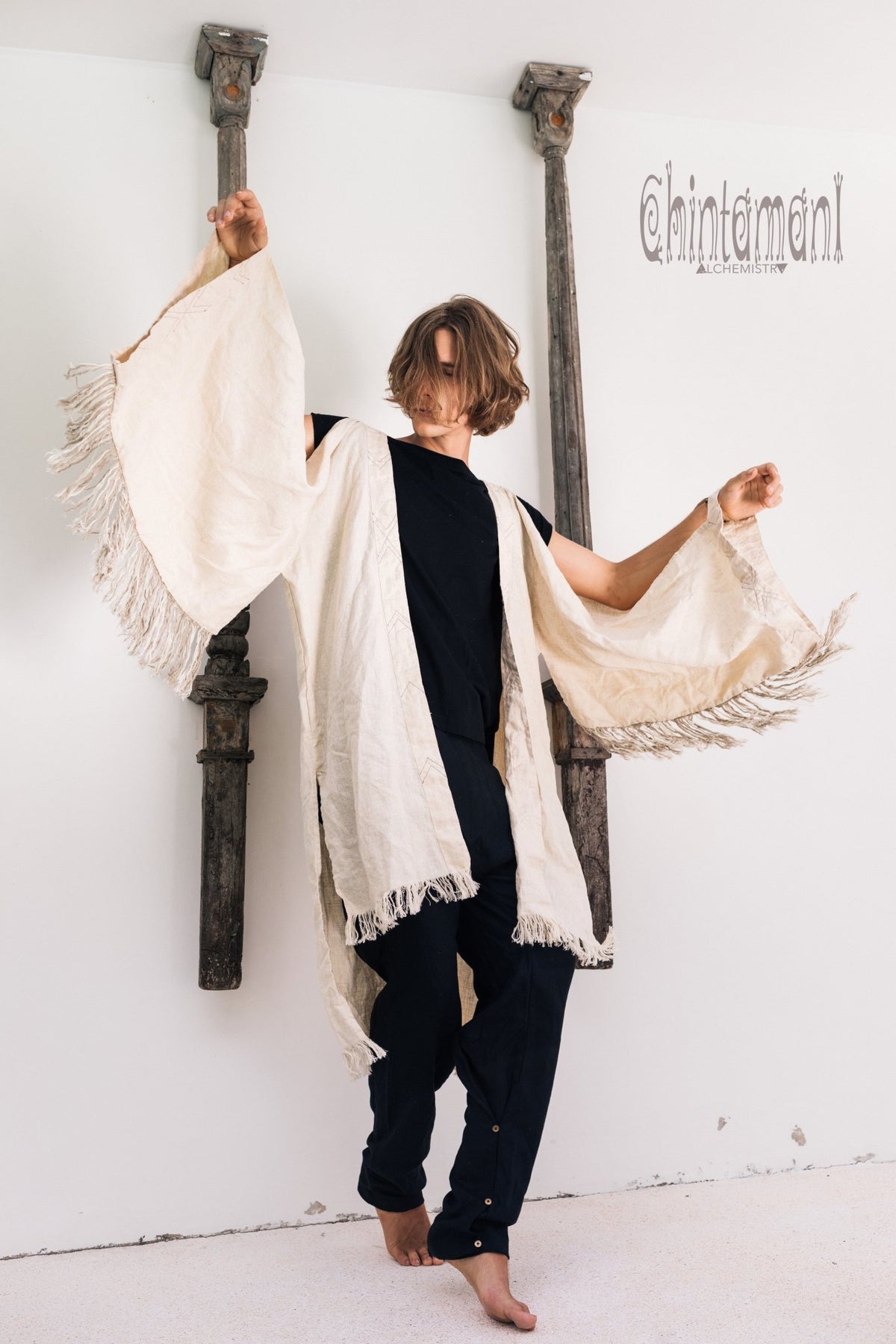 Linen Fringe Kimono Cardigan for Men / Off White Cream - ChintamaniAlchemi