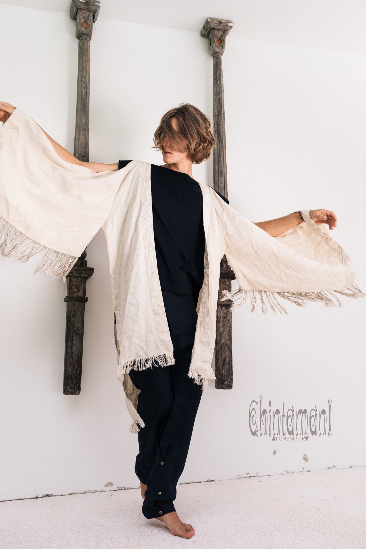 Linen Fringe Kimono Cardigan for Men / Off White Cream - ChintamaniAlchemi