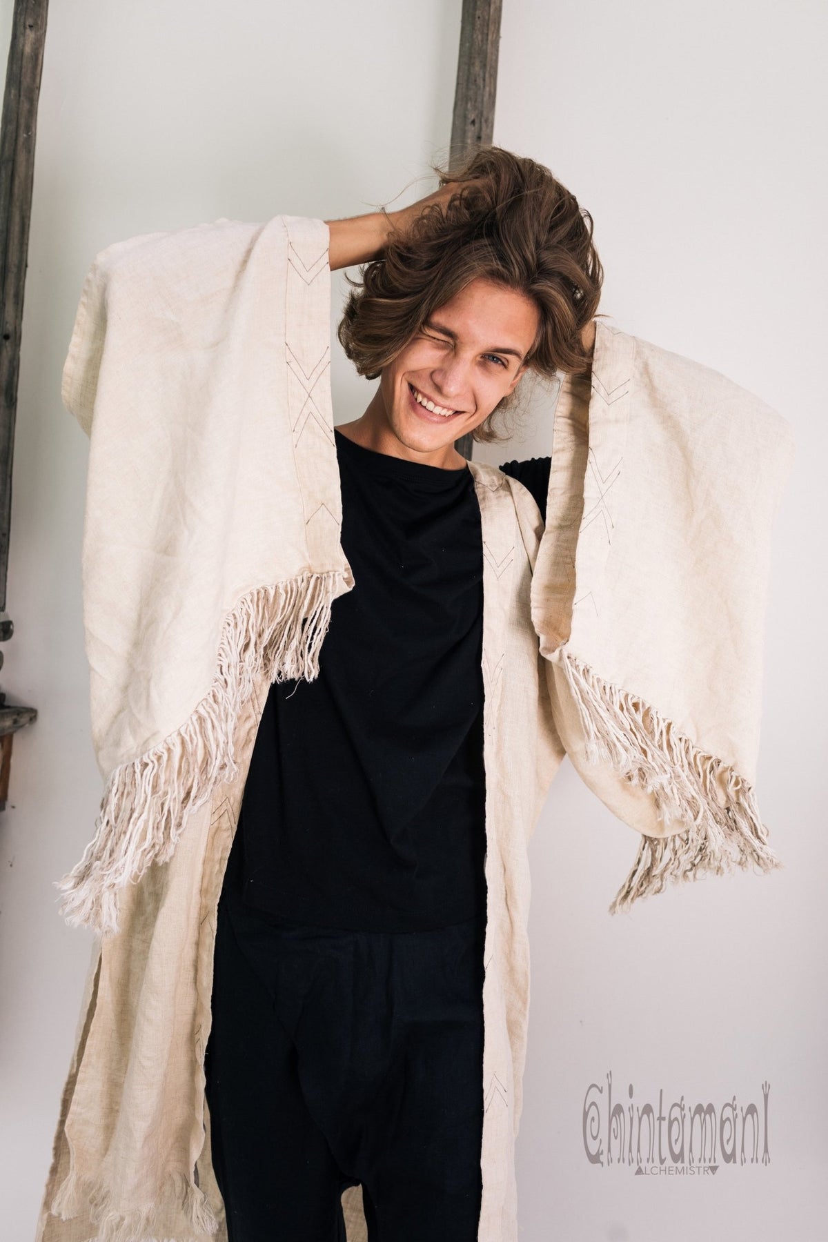 Linen Fringe Kimono Cardigan for Men / Off White Cream - ChintamaniAlchemi