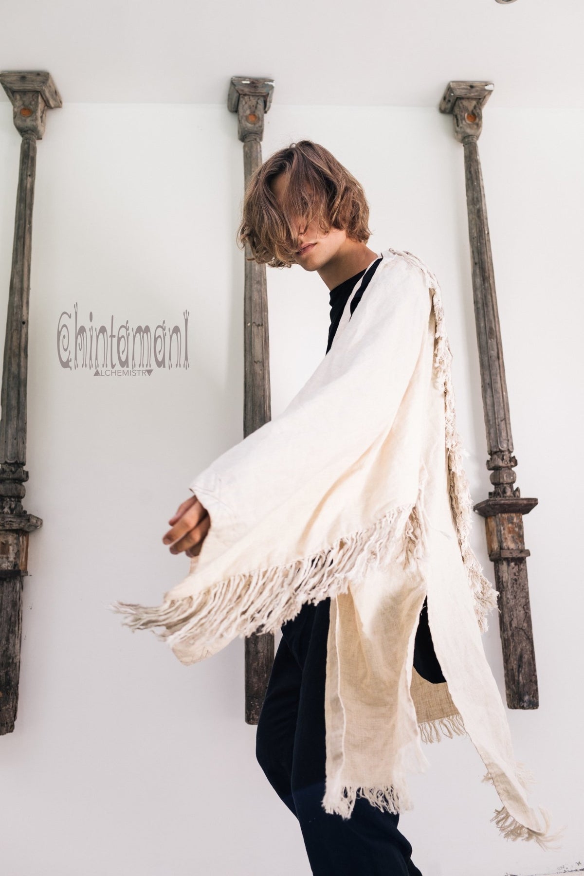 Linen Fringe Kimono Cardigan for Men / Off White Cream - ChintamaniAlchemi