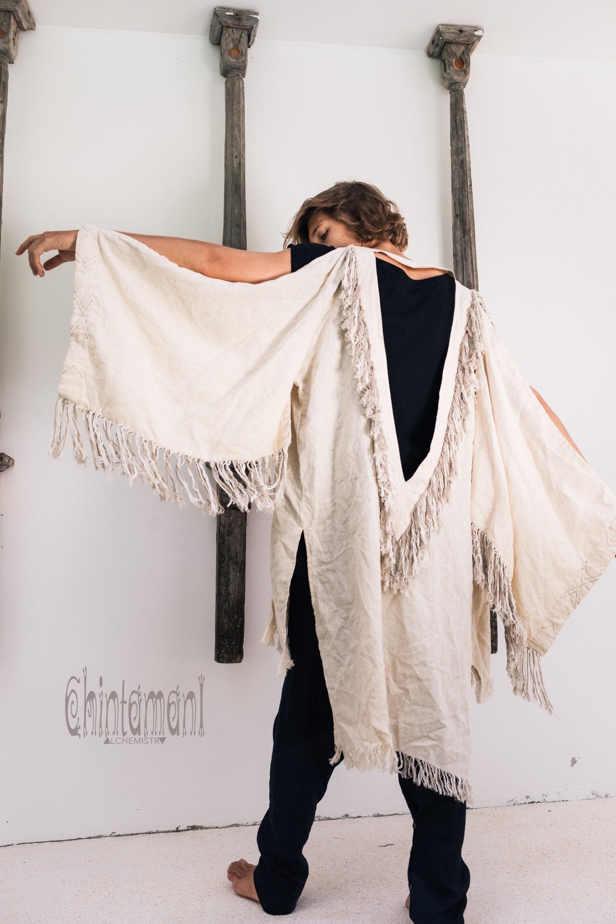 Linen Fringe Kimono Cardigan for Men / Off White Cream - ChintamaniAlchemi