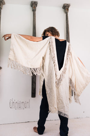 Linen Fringe Kimono Cardigan for Men / Off White Cream - ChintamaniAlchemi