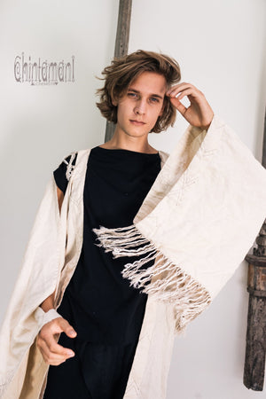 Linen Fringe Kimono Cardigan for Men / Off White Cream - ChintamaniAlchemi