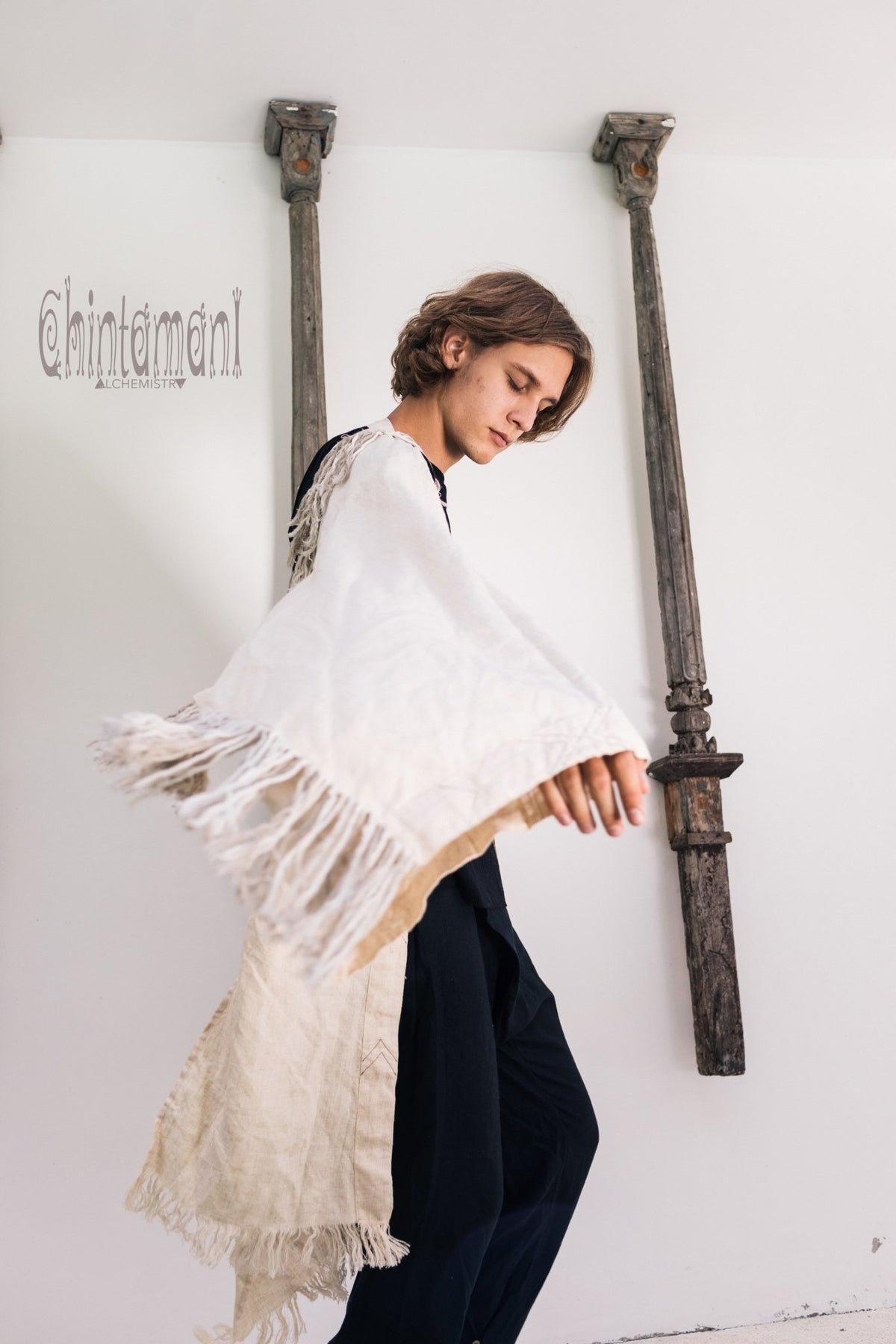 Linen Fringe Kimono Cardigan for Men / Off White Cream - ChintamaniAlchemi